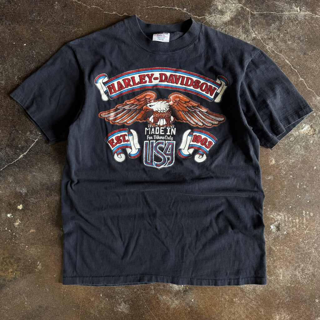 Vintage 1980s Harley-Davidson Established 1903 eagle For Bikers Only t-shirt with patriotic graphic