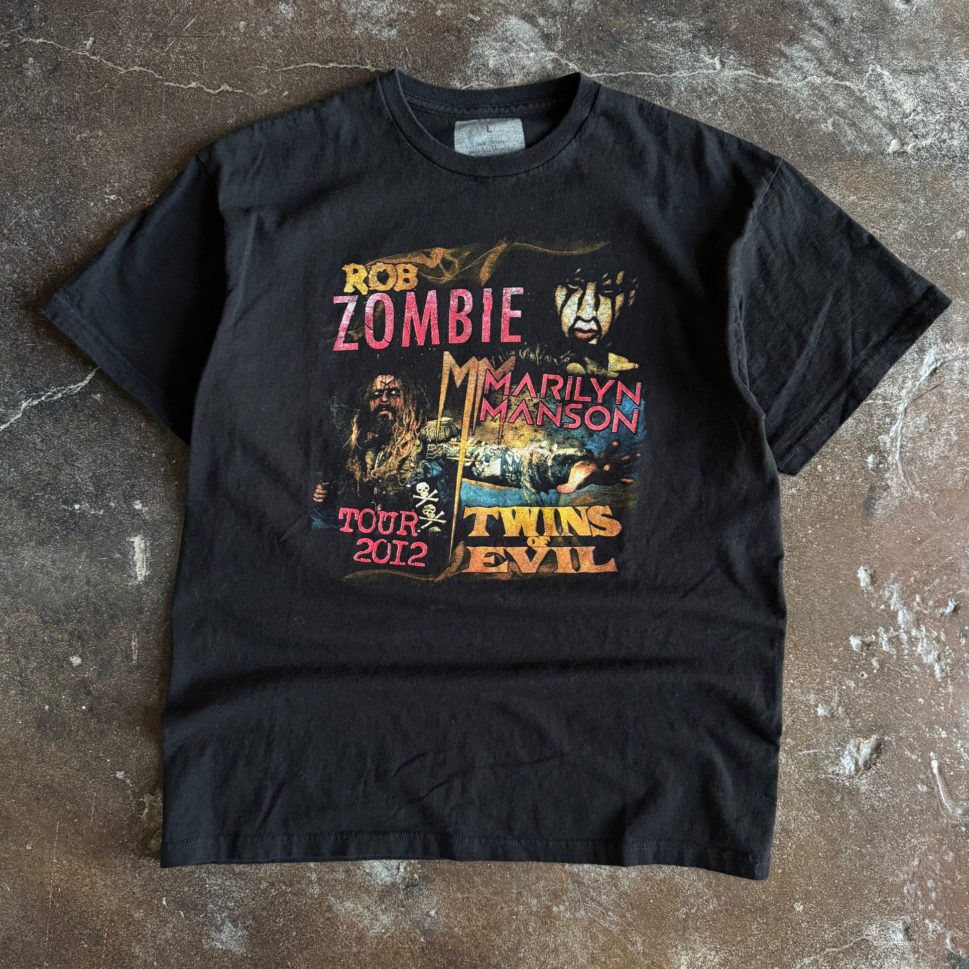 2012 Rob Zombie and Marilyn Manson Twins of Evil tour t-shirt with skull and crossbones on black