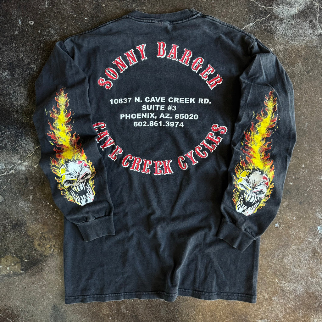 Vintage 1990s Sonny Barger Cave Creek flame longsleeve t-shirt with flame graphic