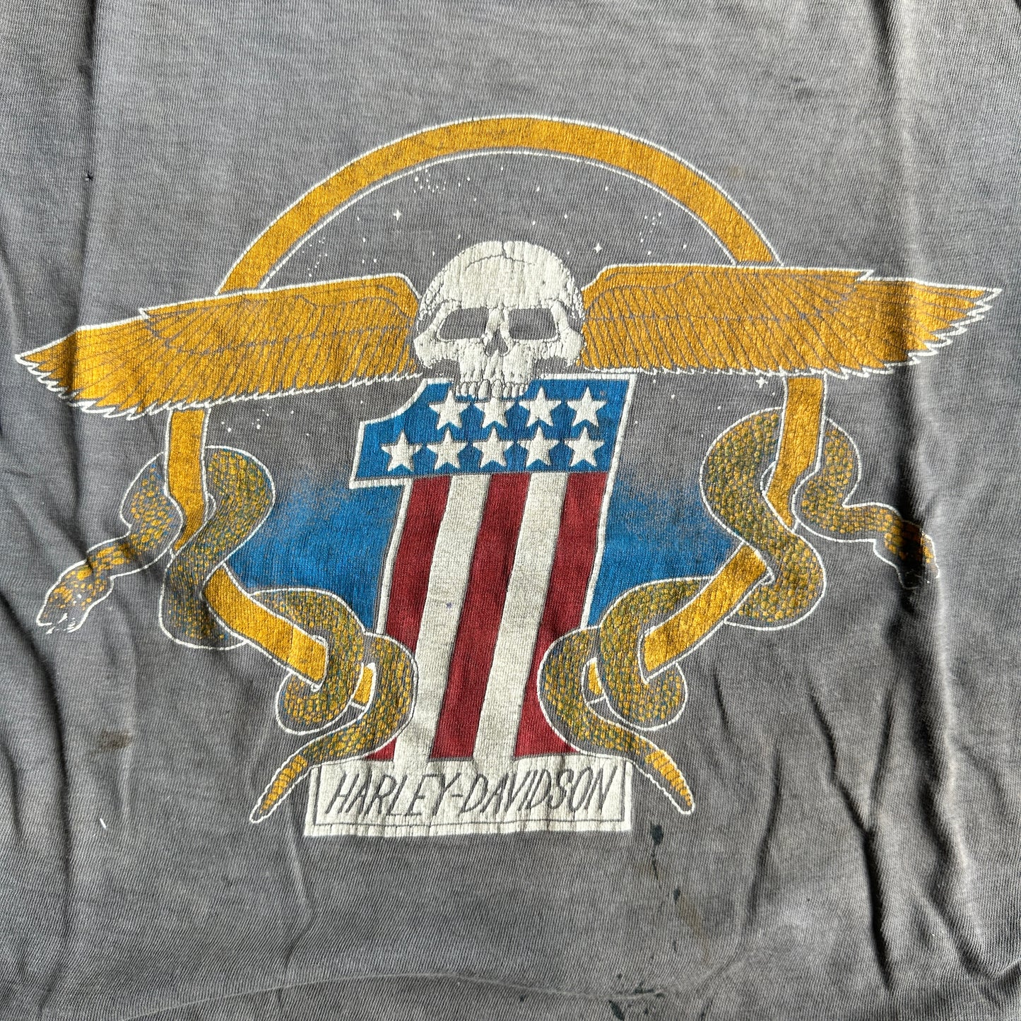 70s Harley Skull W/ Snakes Emblem Super Fader Tee (Battle-Scarred)