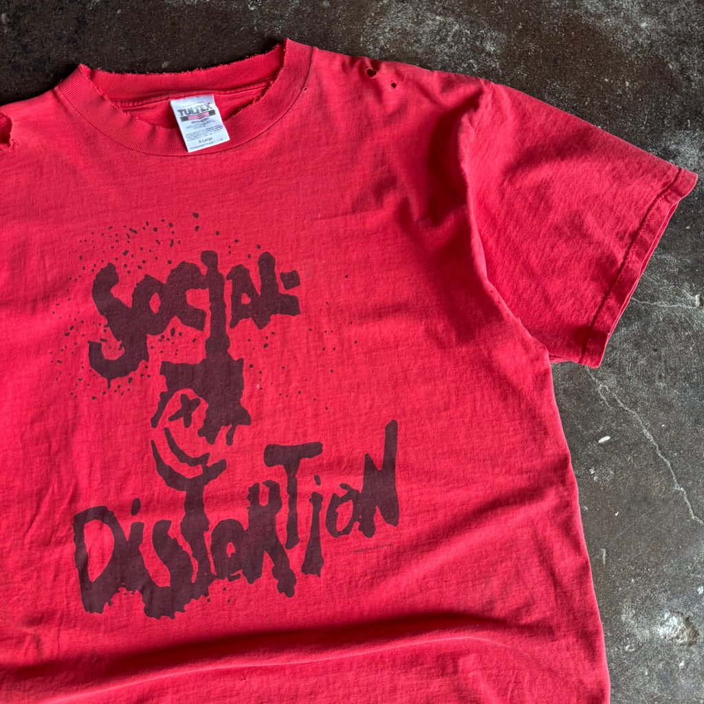 Back view of vintage Social Distortion distressed red band tee