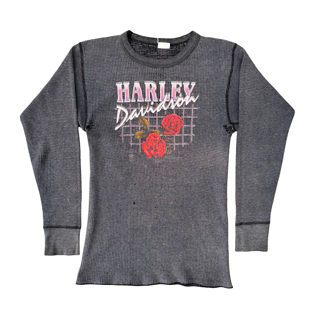 80’s Harley 3D Emblem Roses Thermal Longsleeve Tee Size L