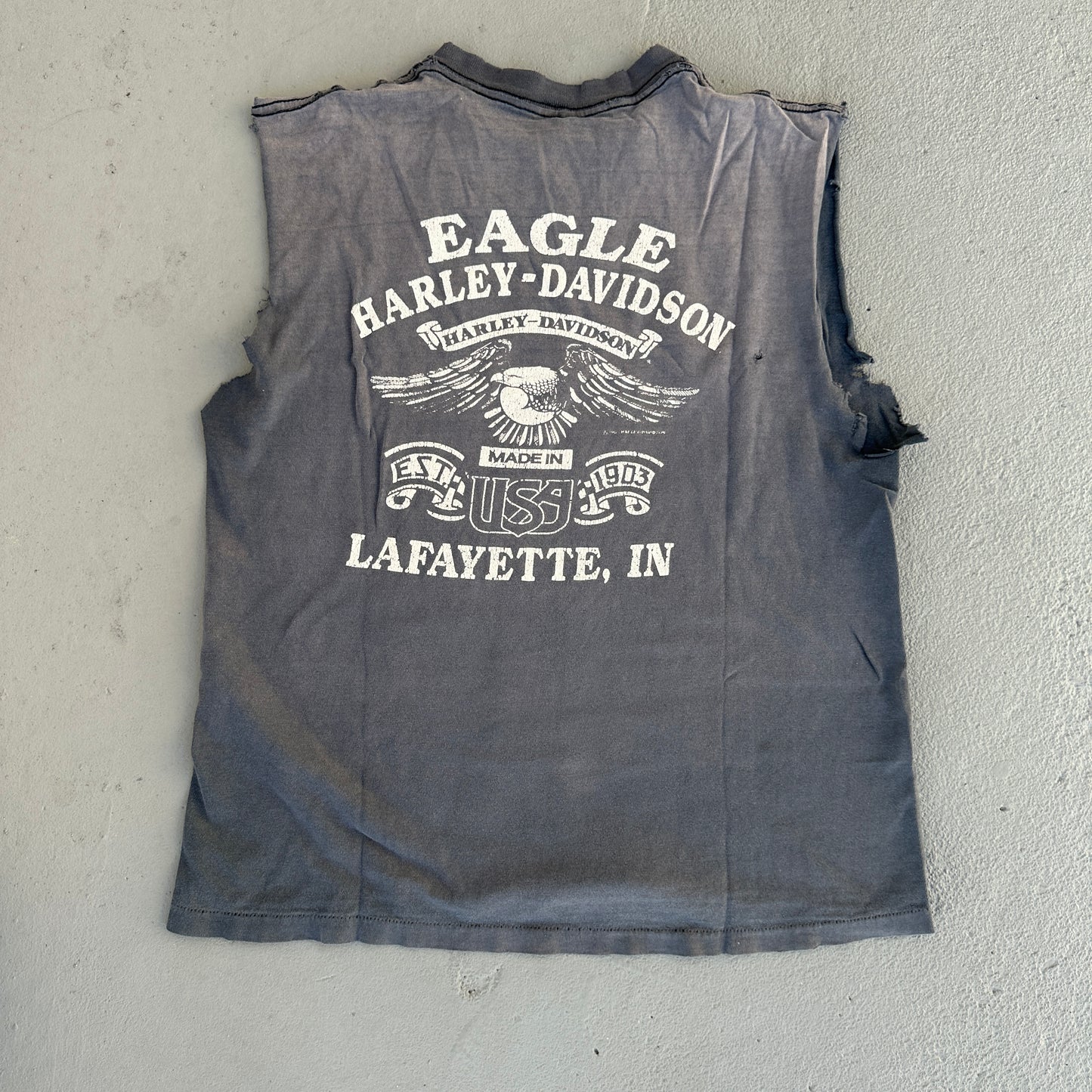 80s 3D Harley Fairweather Biker Sun Faded Cutoff Tee (Battle-Scarred)