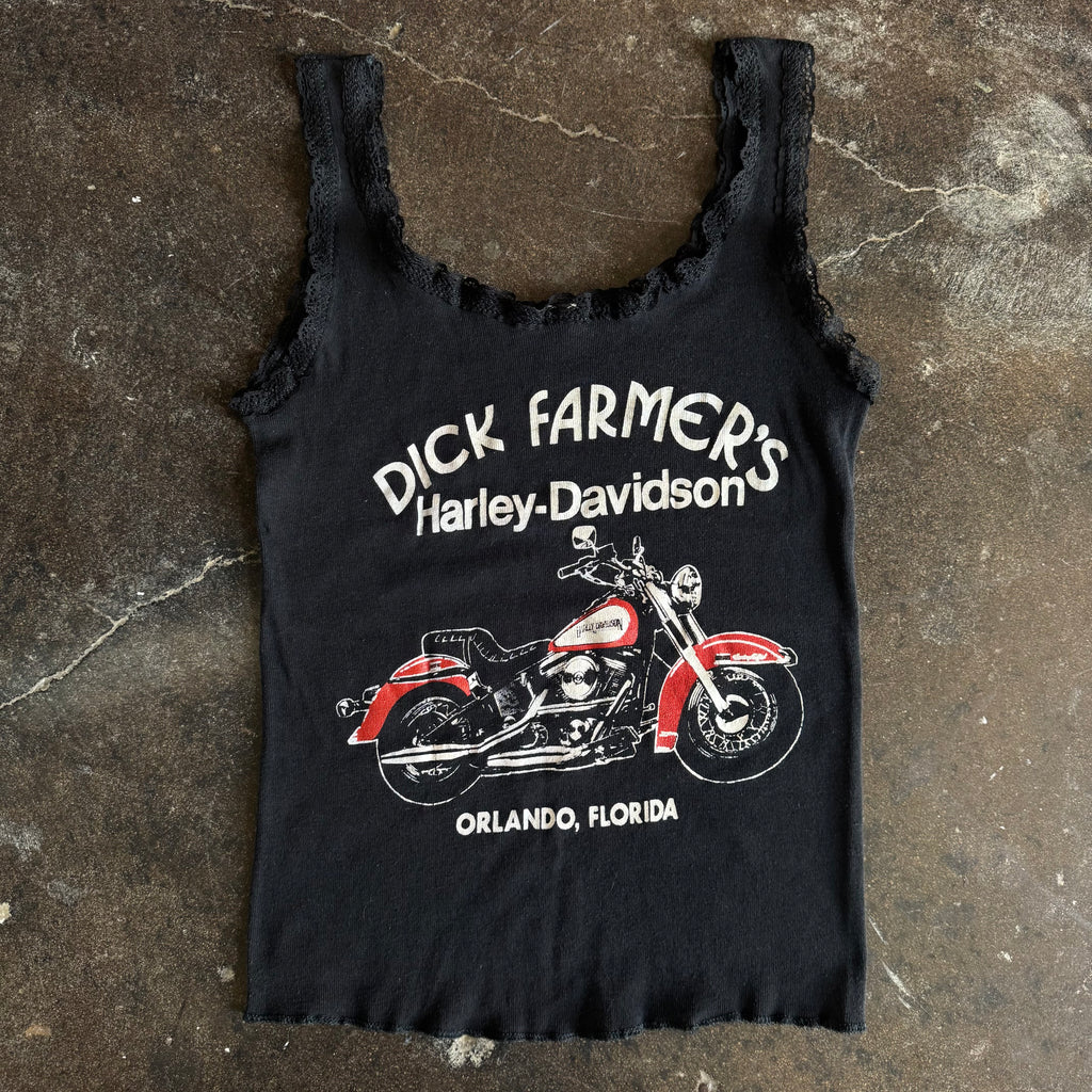 Vintage 1980s Dick Farmers Harley-Davidson Orlando Florida womens black lace tank top with red Softail motorcycle graphic