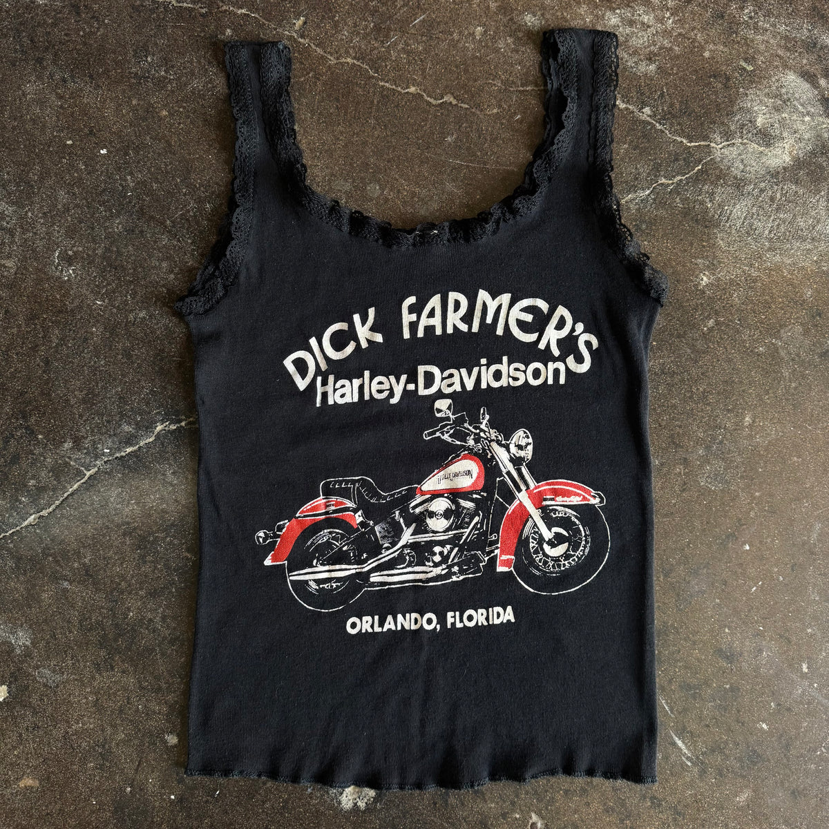 Vintage 1980s Dick Farmers Harley-Davidson Orlando Florida womens black lace tank top with red Softail motorcycle graphic
