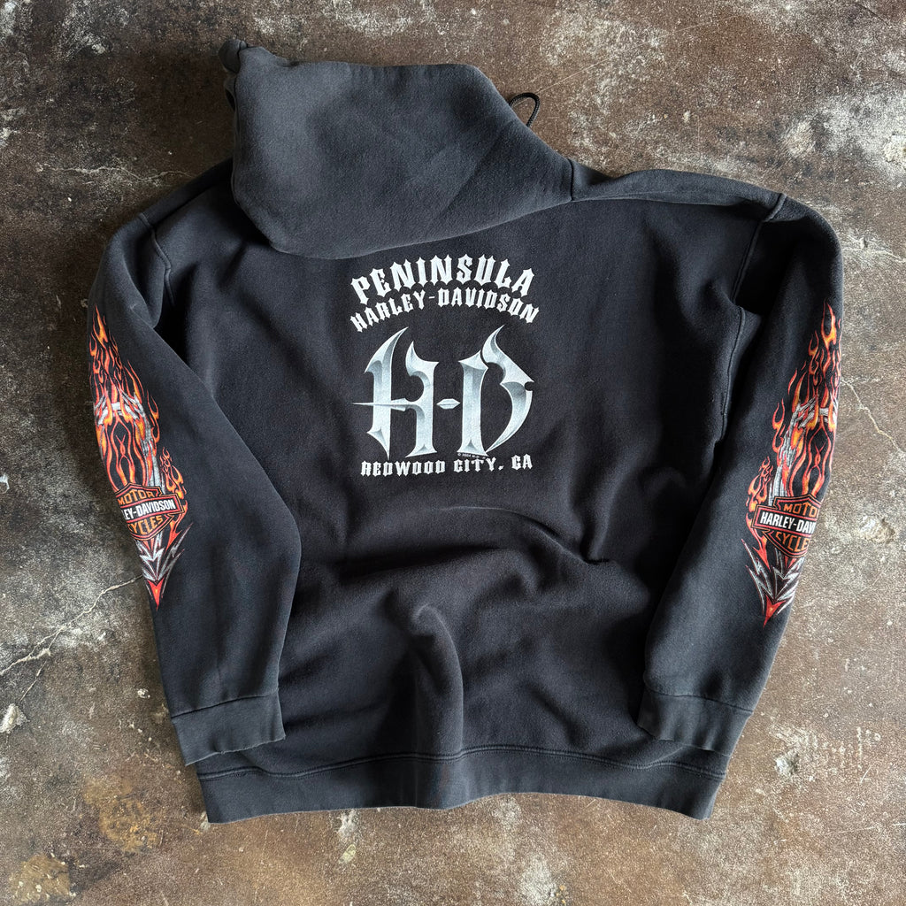 Y2K Harley Flaming Eagle Drawstring Hoodie (XL)