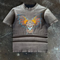 Black short-sleeve t-shirt with orange and red bat-winged skull graphic, Denver CO text on chest