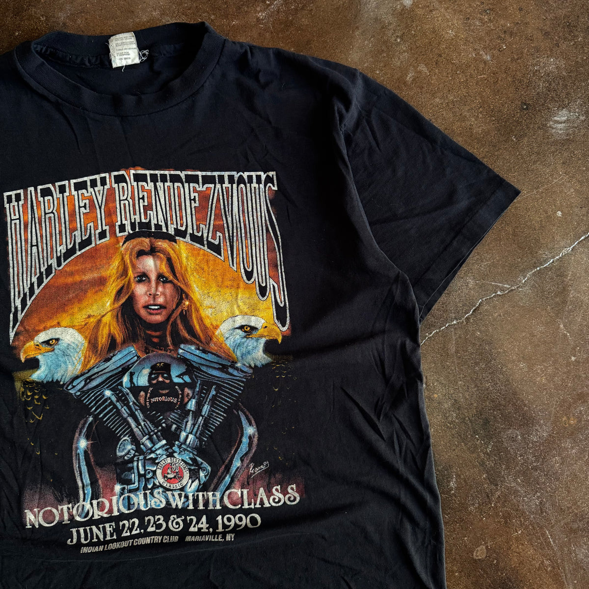 Detail of V-twin engine and eagle graphic on vintage Harley Rendezvous 1990 tee