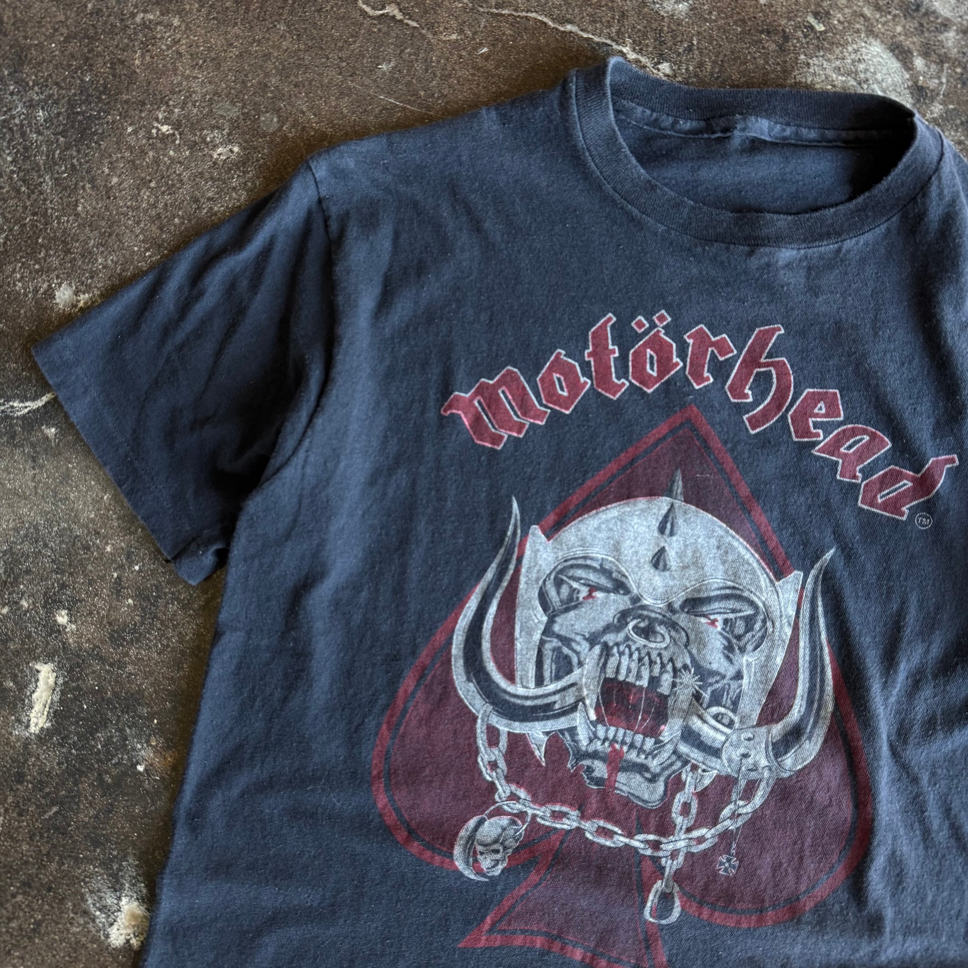 Tag detail on vintage 1980s Motorhead 10th Anniversary tour tee