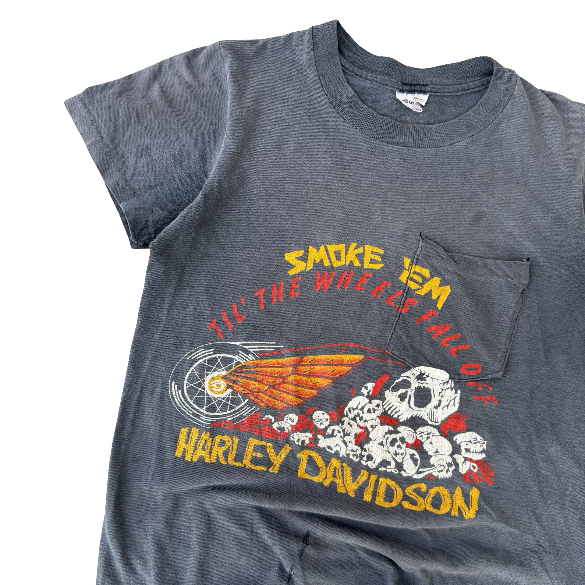 80’s Harley Smoke ‘Em Skull Pile Tee Sun Faded Size S