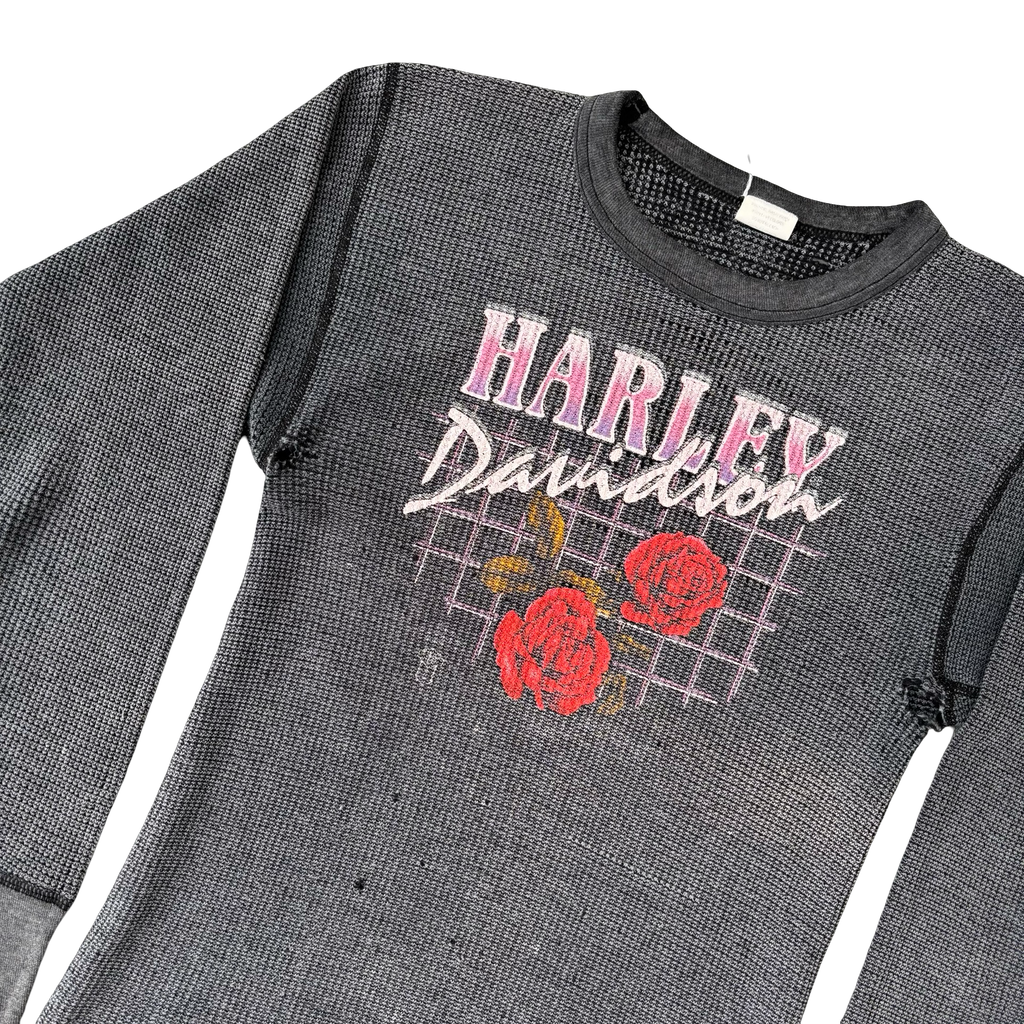 80’s Harley 3D Emblem Roses Thermal Longsleeve Tee Size L