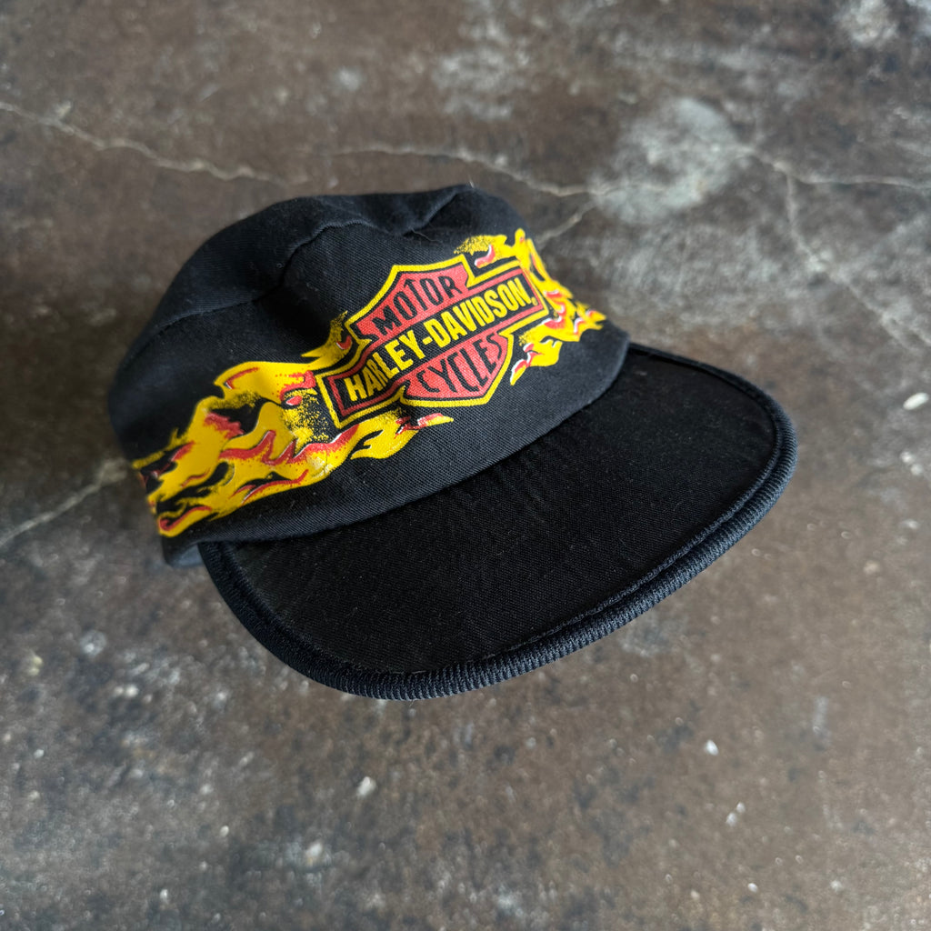 Detail of flame graphic on vintage 1980s Harley-Davidson painters cap