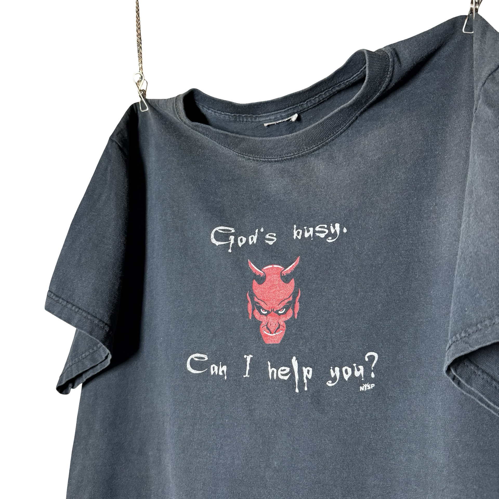 Y2K God’s Busy “Can I Help You?” Devil Tee Size L