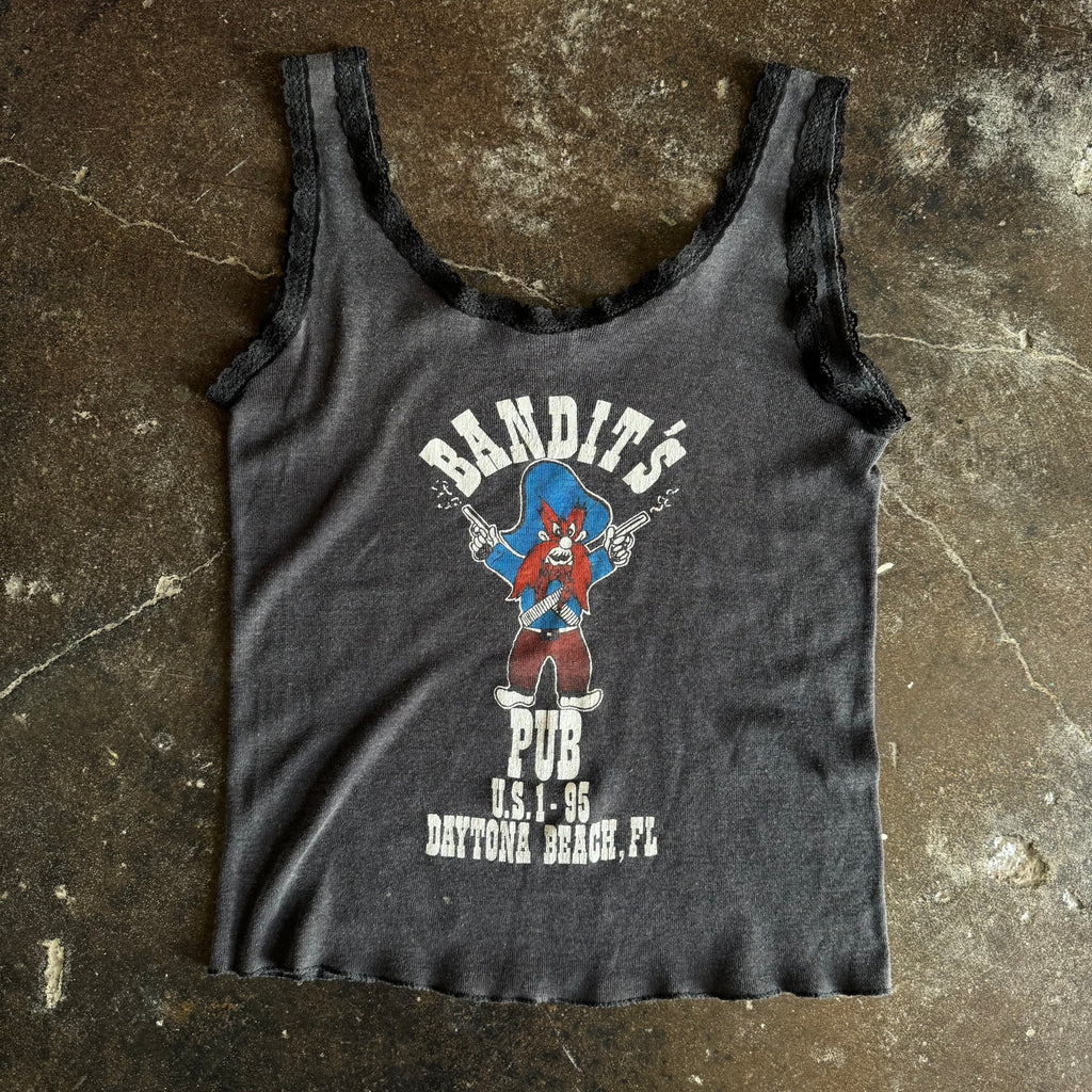 Vintage 1980s Bandits Pub Daytona Beach Florida womens tank top with Yosemite Sam gunslinger graphic on faded grey