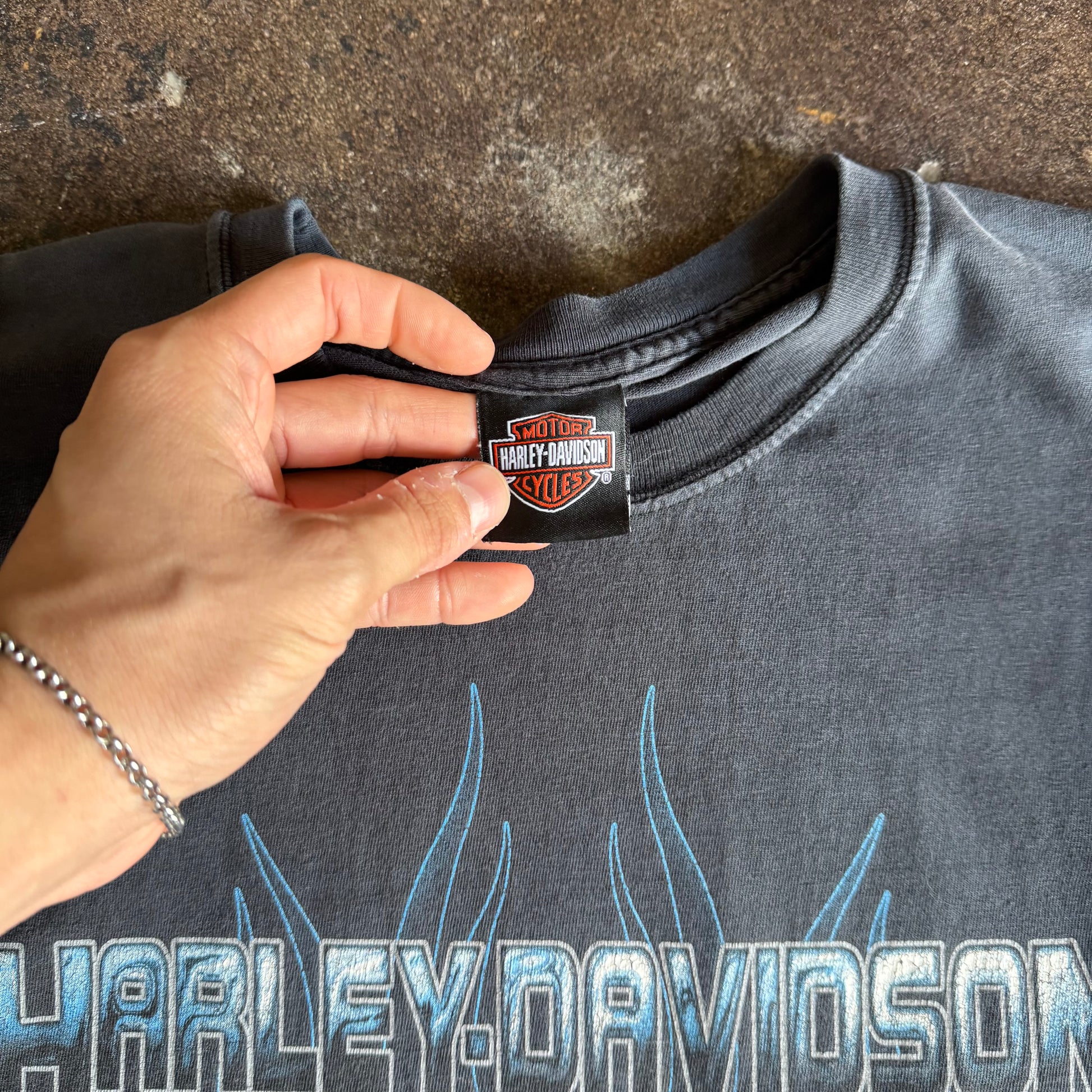 Y2K Harley Blue Flame Eagle Sun Faded Tee (XL)