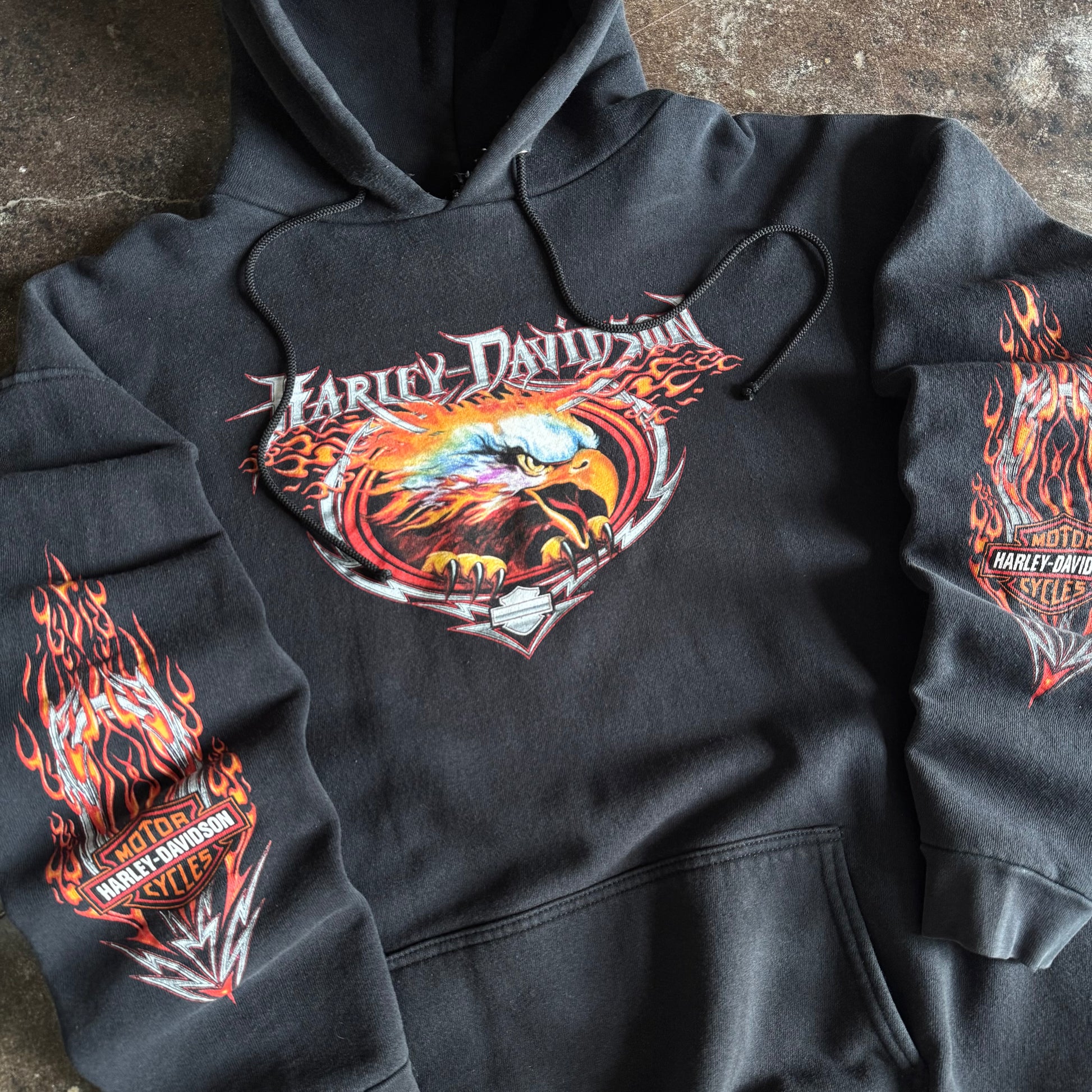 Y2K Harley Flaming Eagle Drawstring Hoodie (XL)