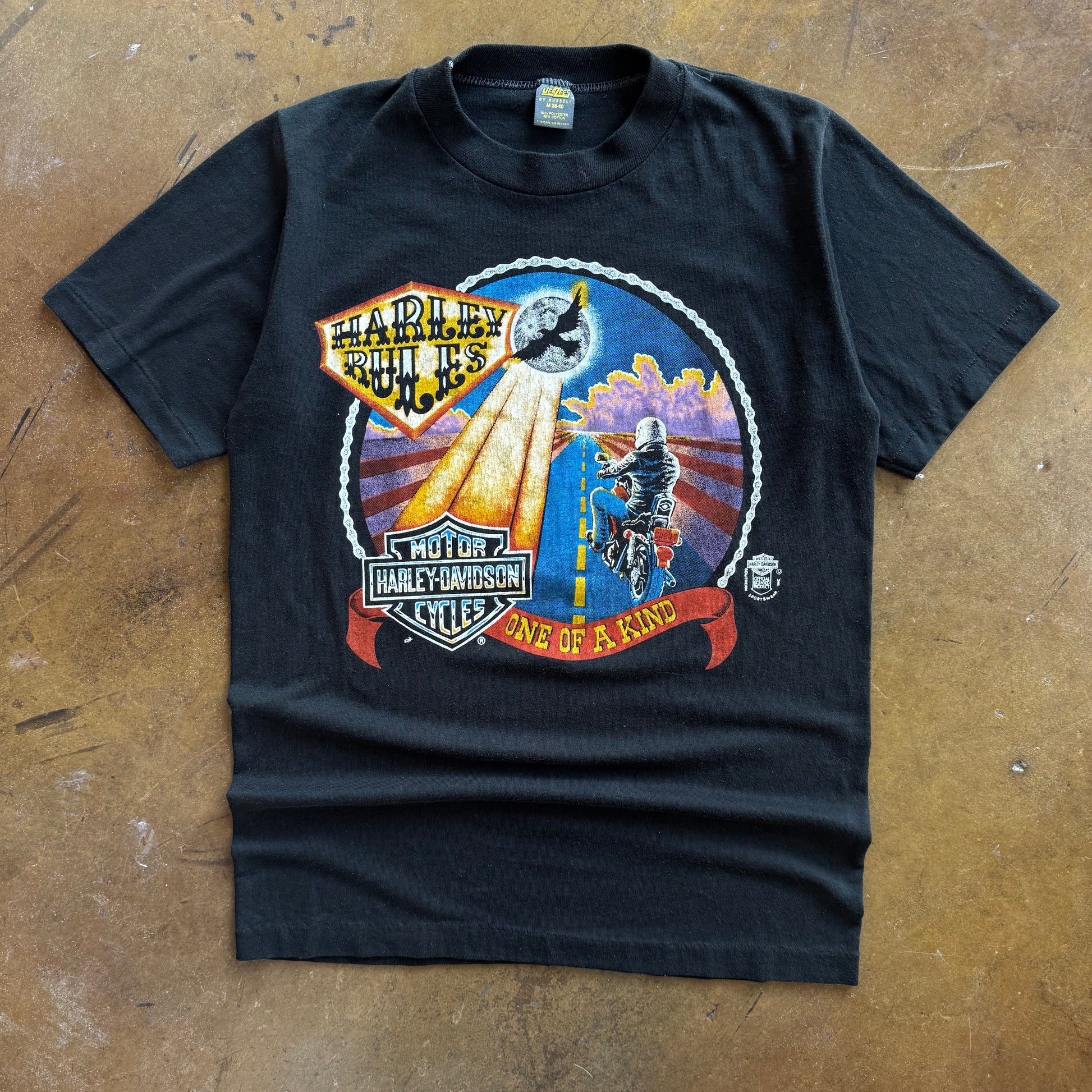 Black short-sleeve t-shirt with Harley Rules and One of a Kind Daytona graphic