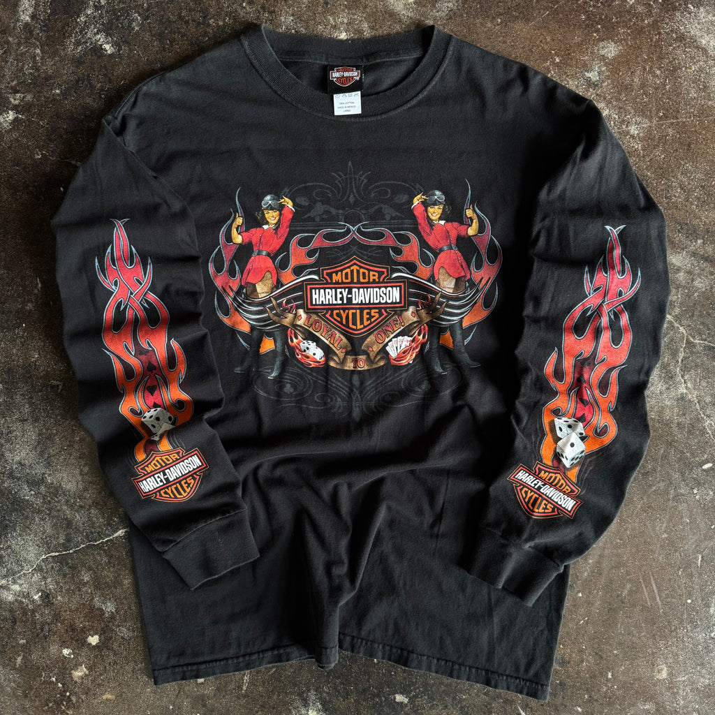 Y2K Harley Firefighter Pin-Up Flame Longsleeve Tee (L/XL)