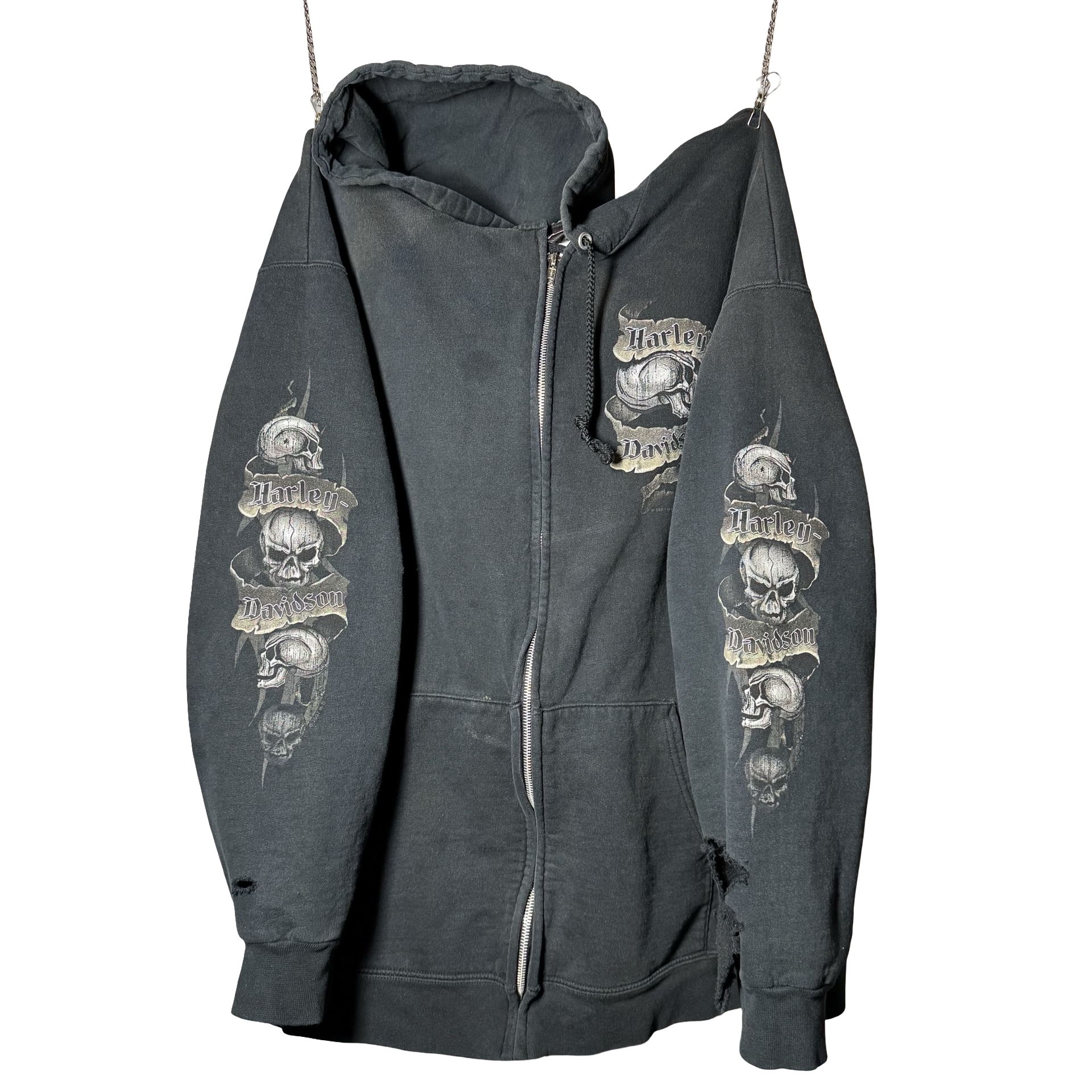 Y2K Harley Thrashed Skull Pile Hoodie Size XL
