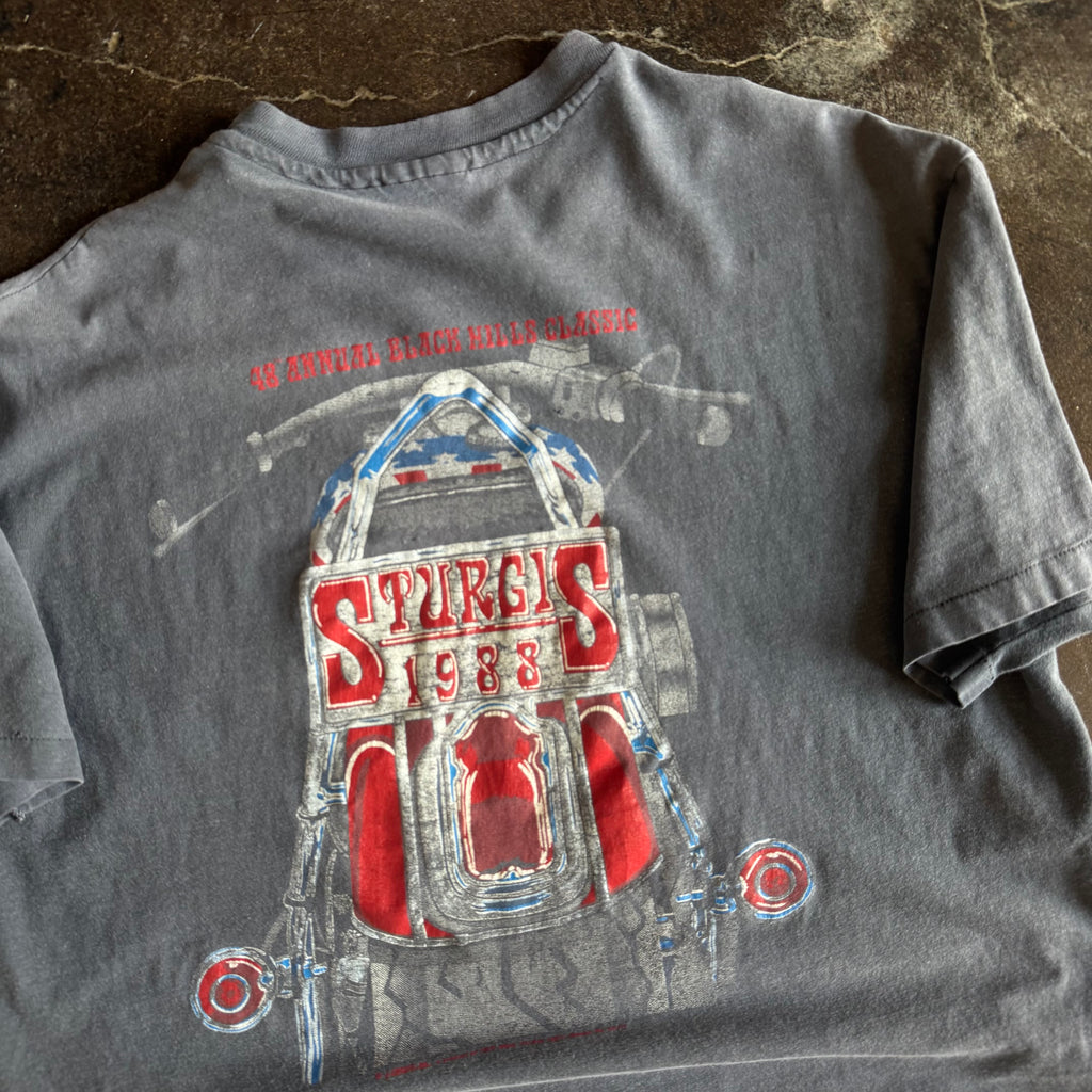 Back view of vintage 1988 Sturgis Rally sun faded t-shirt