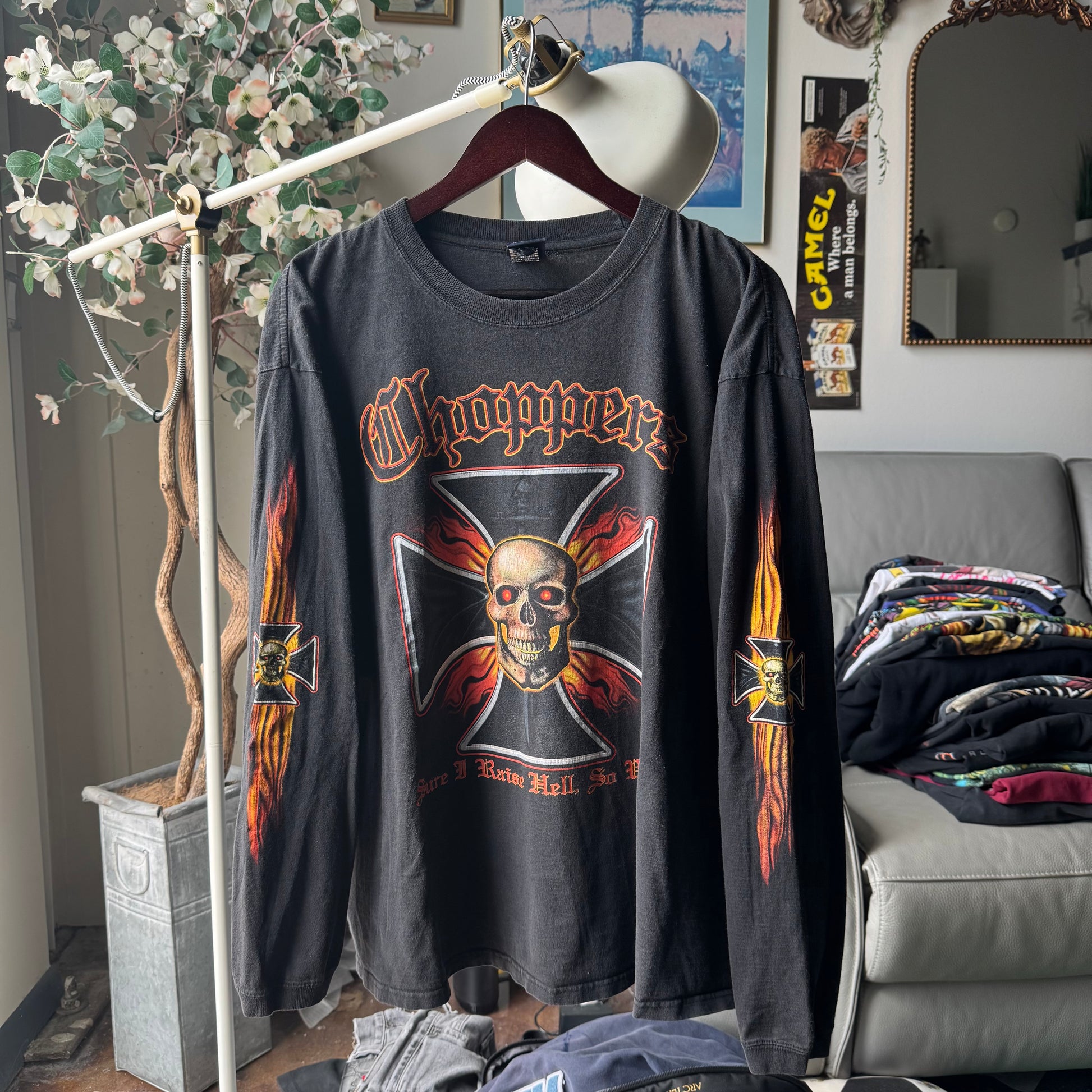 Y2K Chopper Skull & Flames Biker Longsleeve Tee Size XL