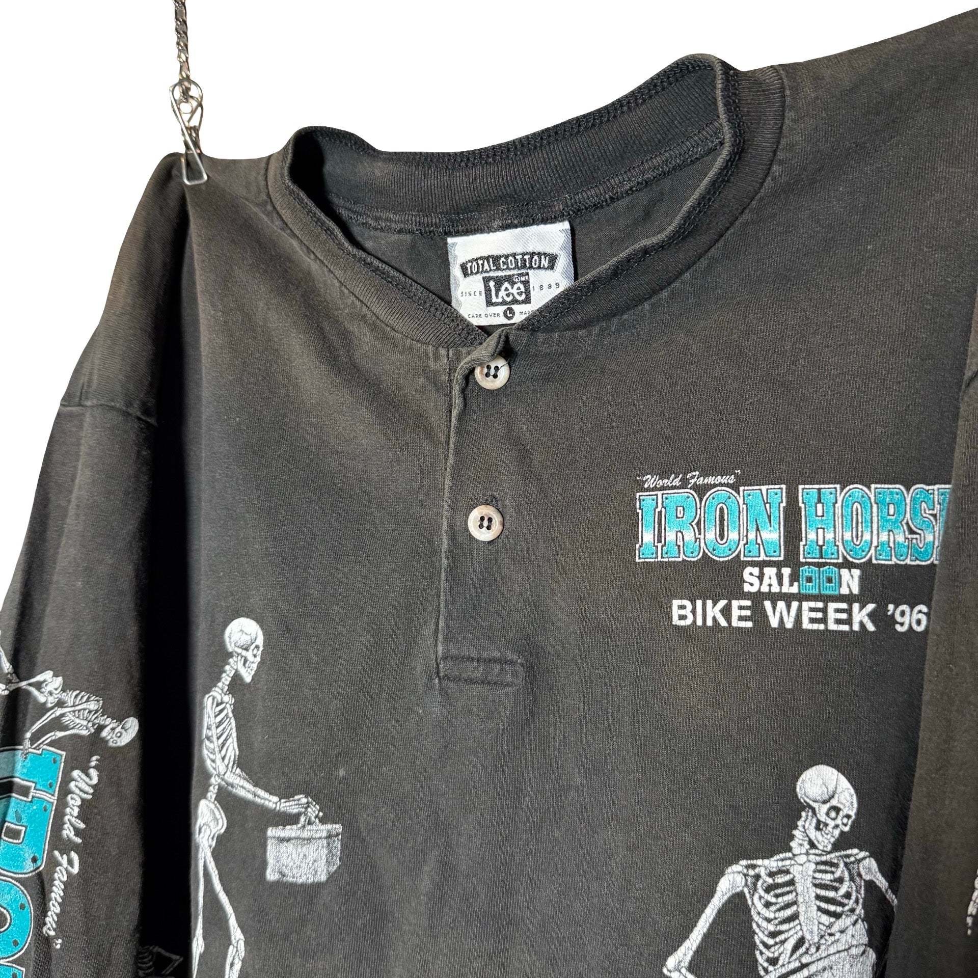 90’s Iron Horse Skeleton AOP Longsleeve Henley Tee Size L