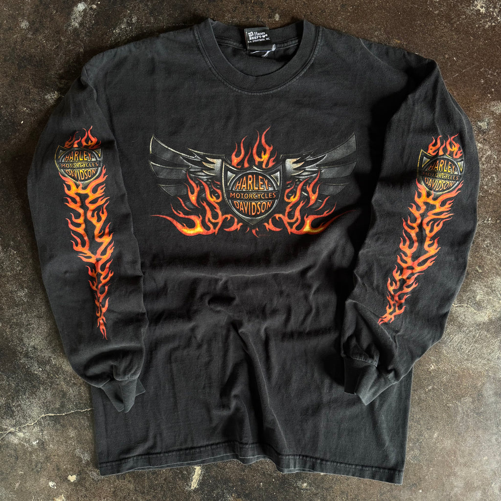 Vintage Y2K Harley-Davidson twin flames longsleeve t-shirt with dual flame graphic