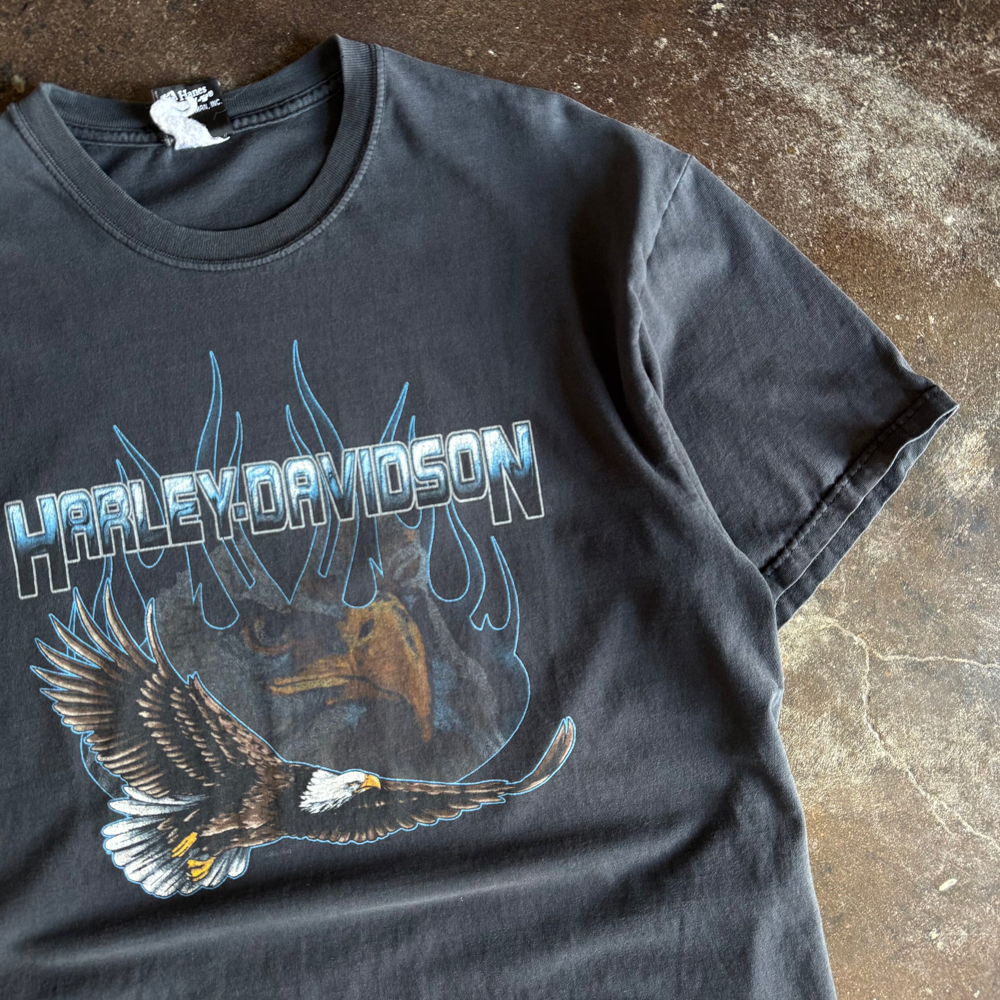 Y2K Harley Blue Flame Eagle Sun Faded Tee (XL)