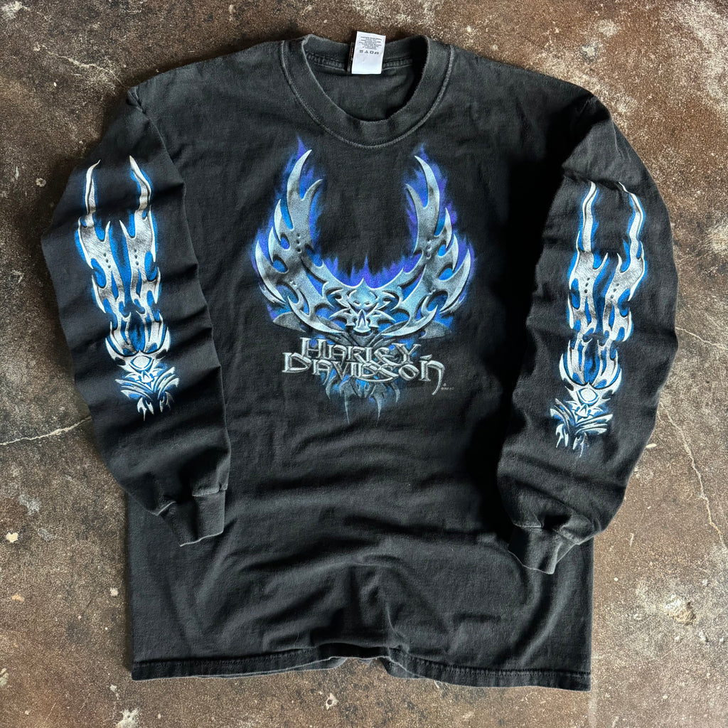 Vintage Y2K Harley-Davidson flaming blades blue chrome longsleeve t-shirt from Ohio with skull and tribal sleeve prints