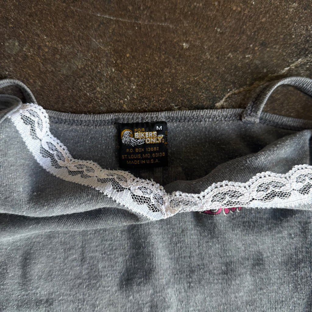 Tag detail on vintage 1980s Harley Davidson womens lace cami