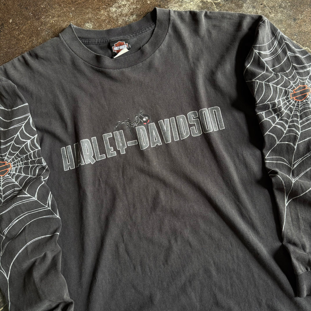 Detail of spiderweb sleeve graphic on Harley-Davidson longsleeve
