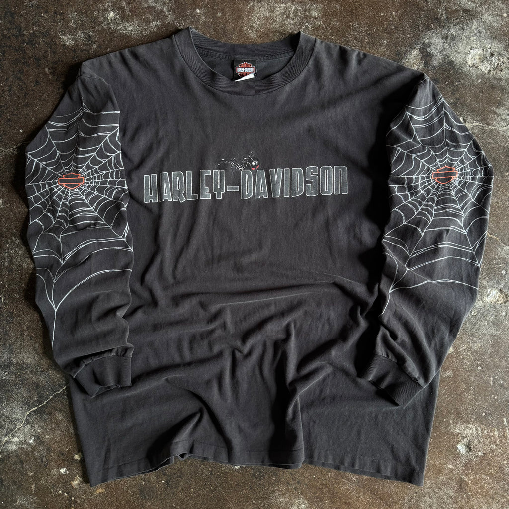 2004 Harley-Davidson spiderweb longsleeve t-shirt with bar and shield and spider web sleeve prints on black
