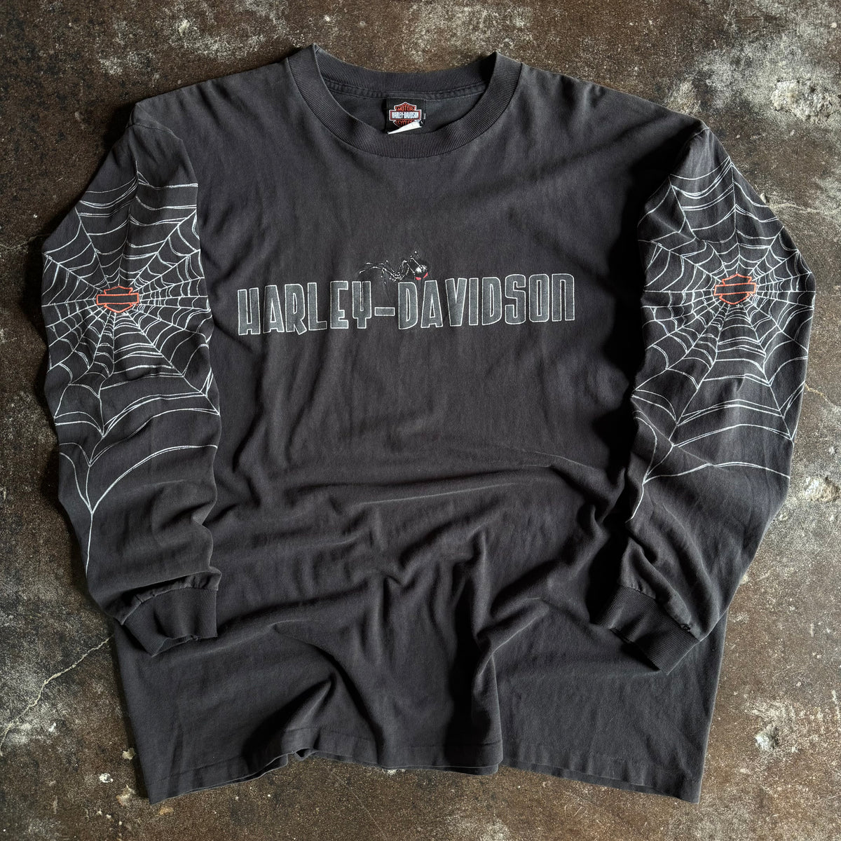 2004 Harley-Davidson spiderweb longsleeve t-shirt with bar and shield and spider web sleeve prints on black