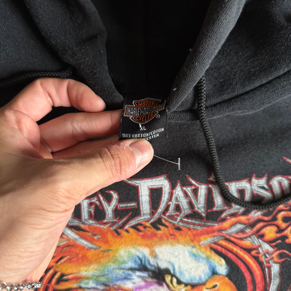 Y2K Harley Flaming Eagle Drawstring Hoodie (XL)