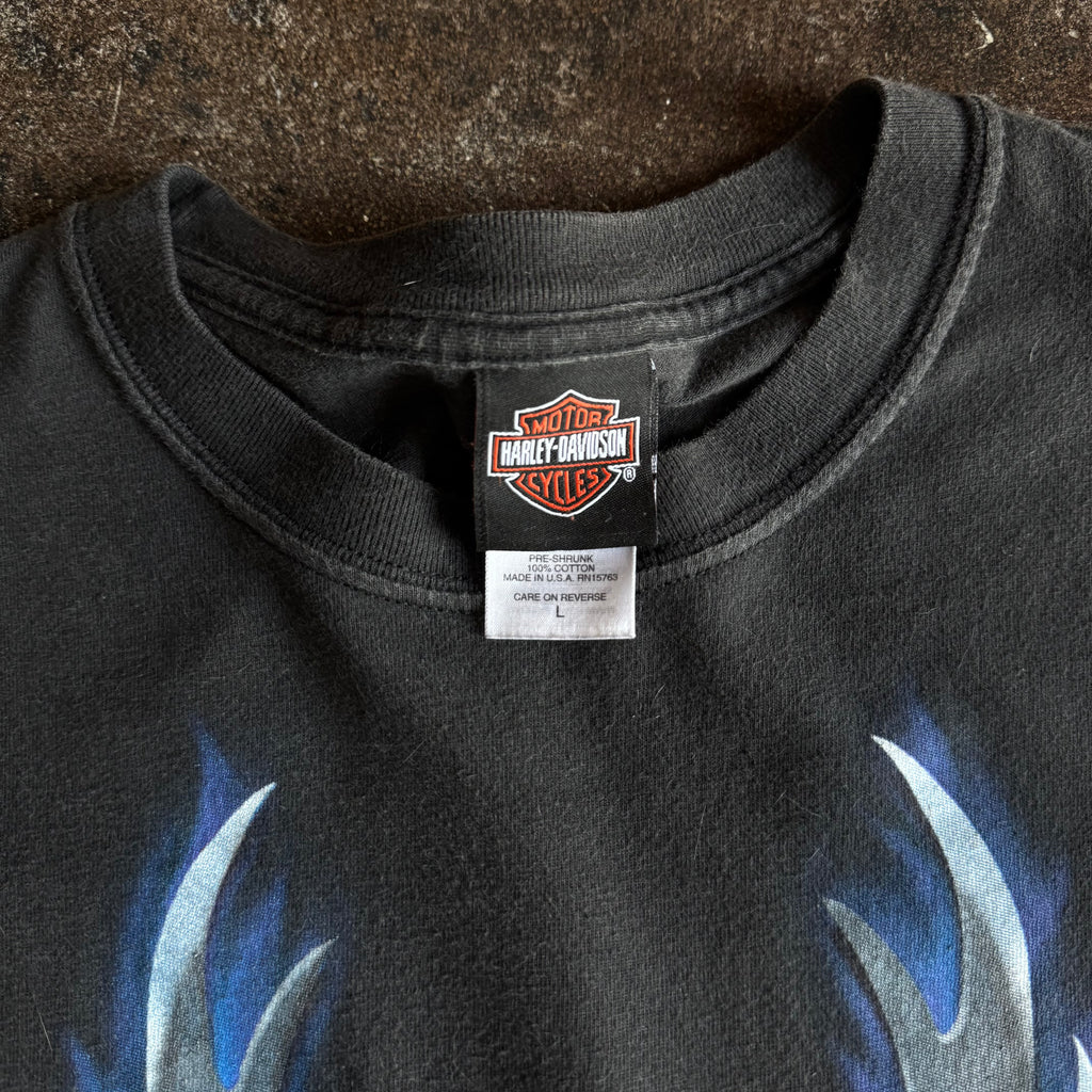 Tag detail on vintage Y2K Harley-Davidson flaming blades longsleeve