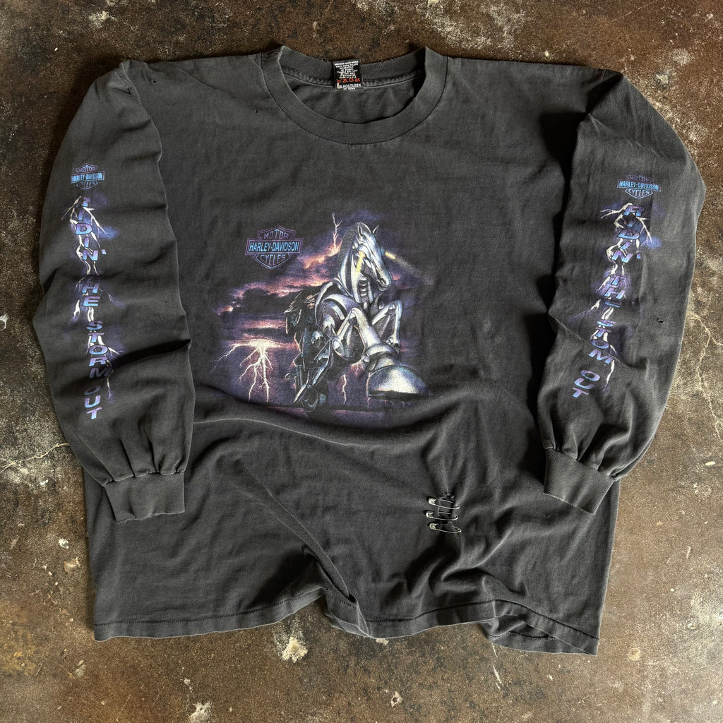 Vintage 1990s Harley-Davidson chrome pegasus lightning longsleeve t-shirt with winged horse graphic