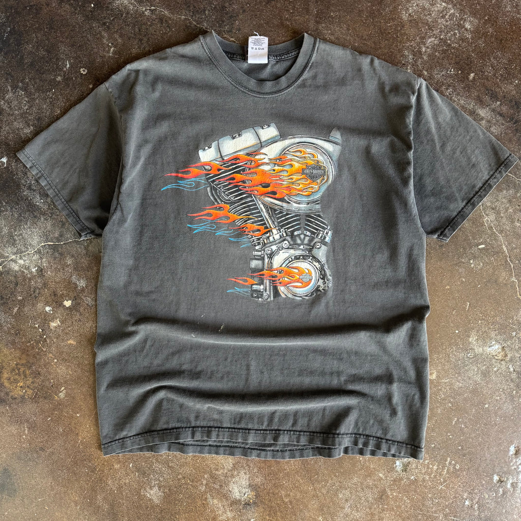 Y2K Harley Flaming V Twin Sun Faded Tee (XL)