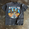 Vintage 1990s Biker Memorial Run t-shirt with military soldiers and chopper rider among crosses on sun faded charcoal
