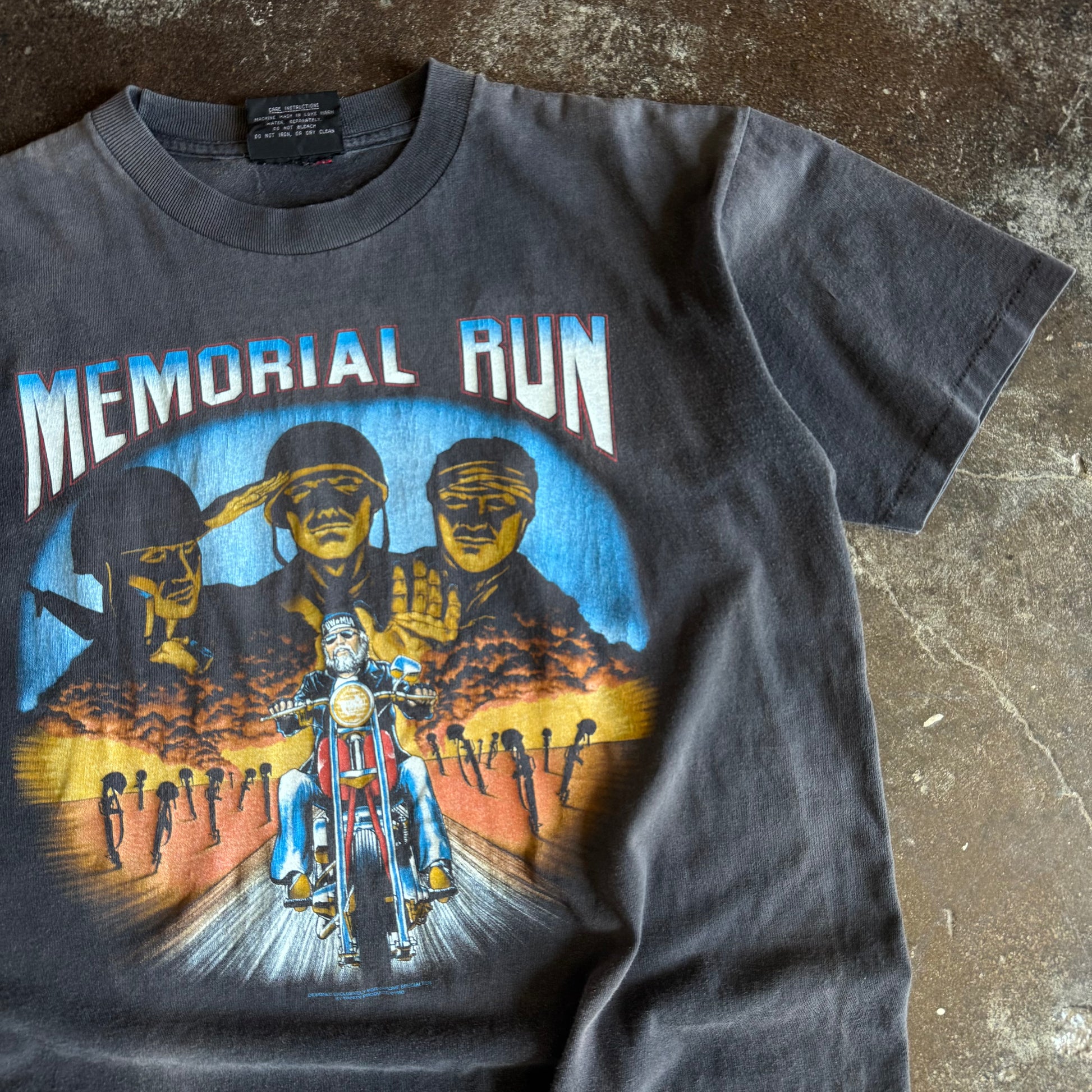 Back view of vintage Biker Memorial Run sun faded t-shirt
