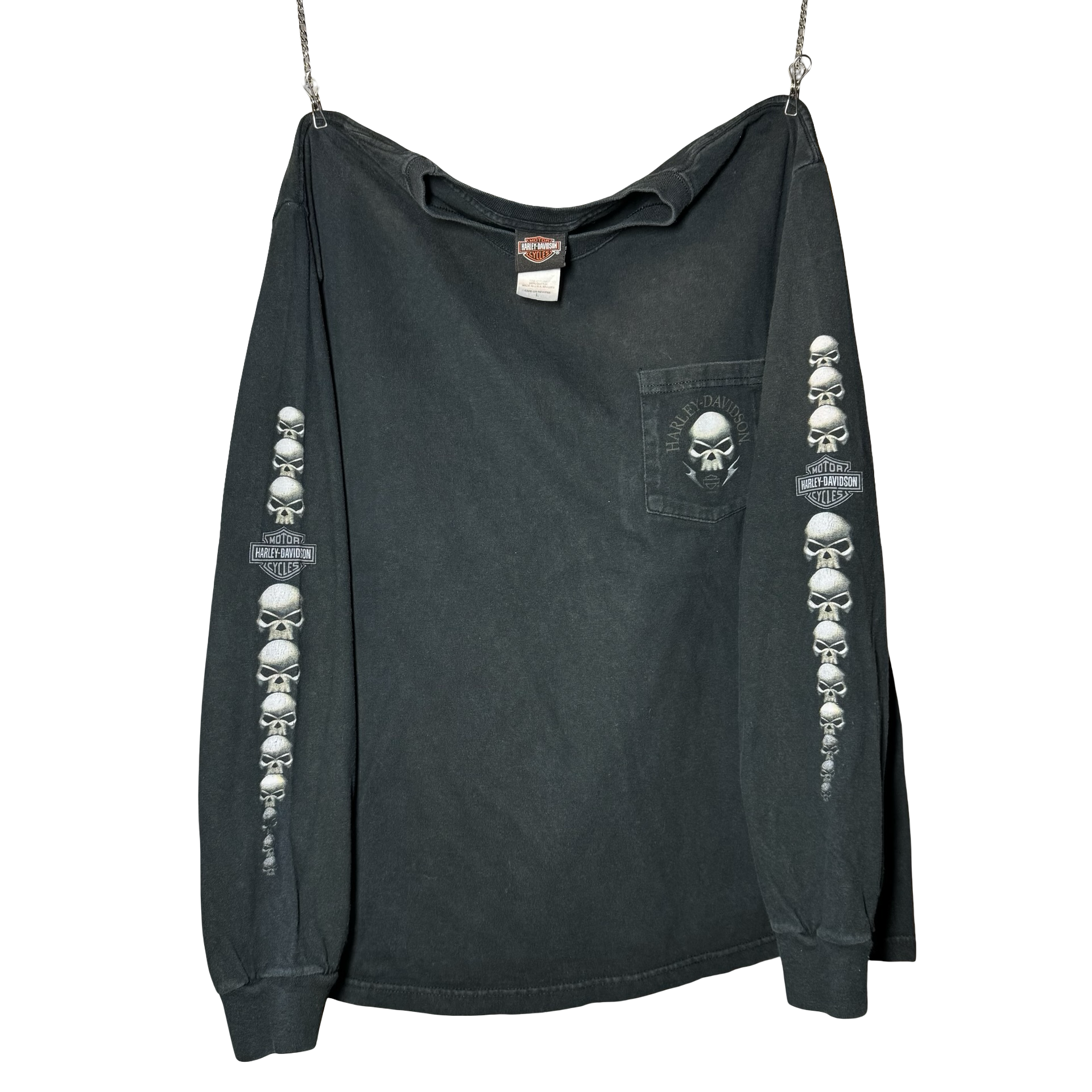 Y2K Harley Skull Pile Pocket Longsleeve Tee Size L