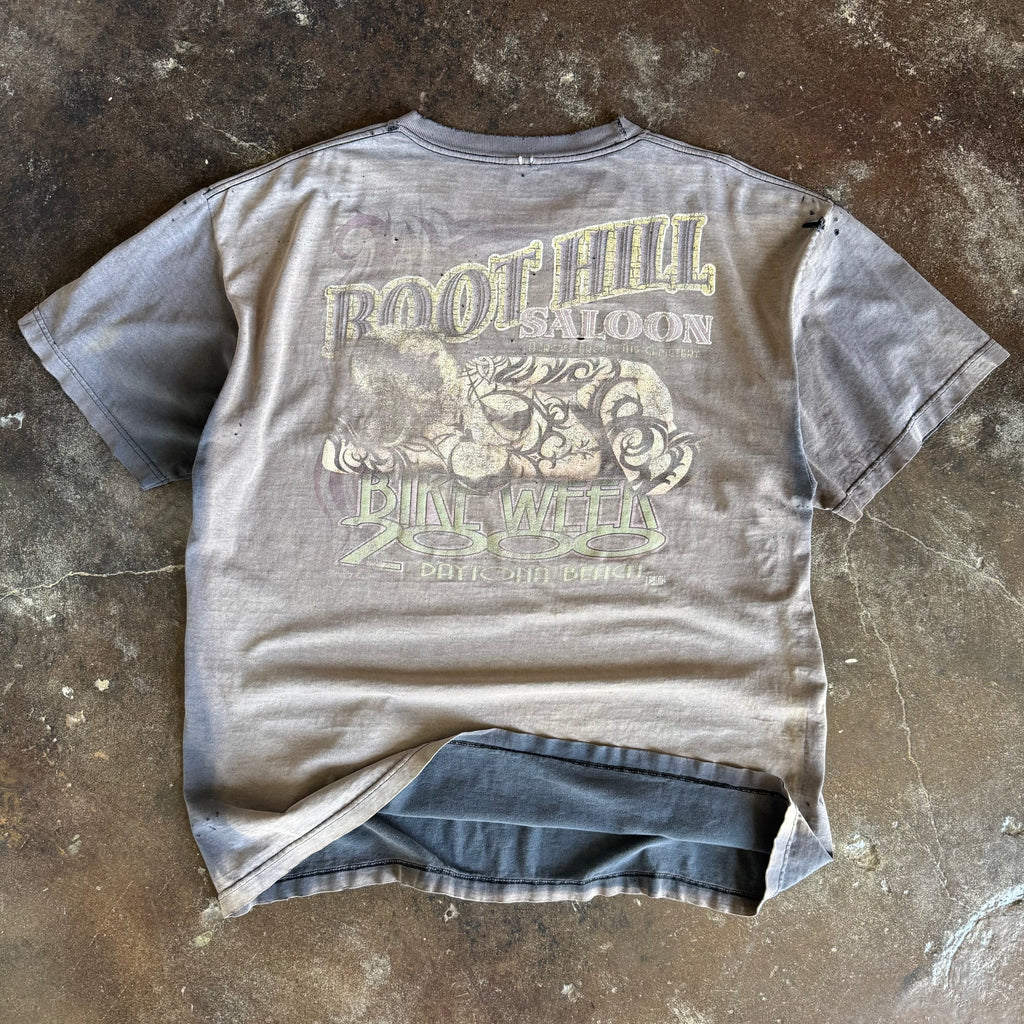 Vintage Y2K Boot Hill Saloon Bike Week 2000 Daytona Beach t-shirt sun faded to grey with pinup biker graphic