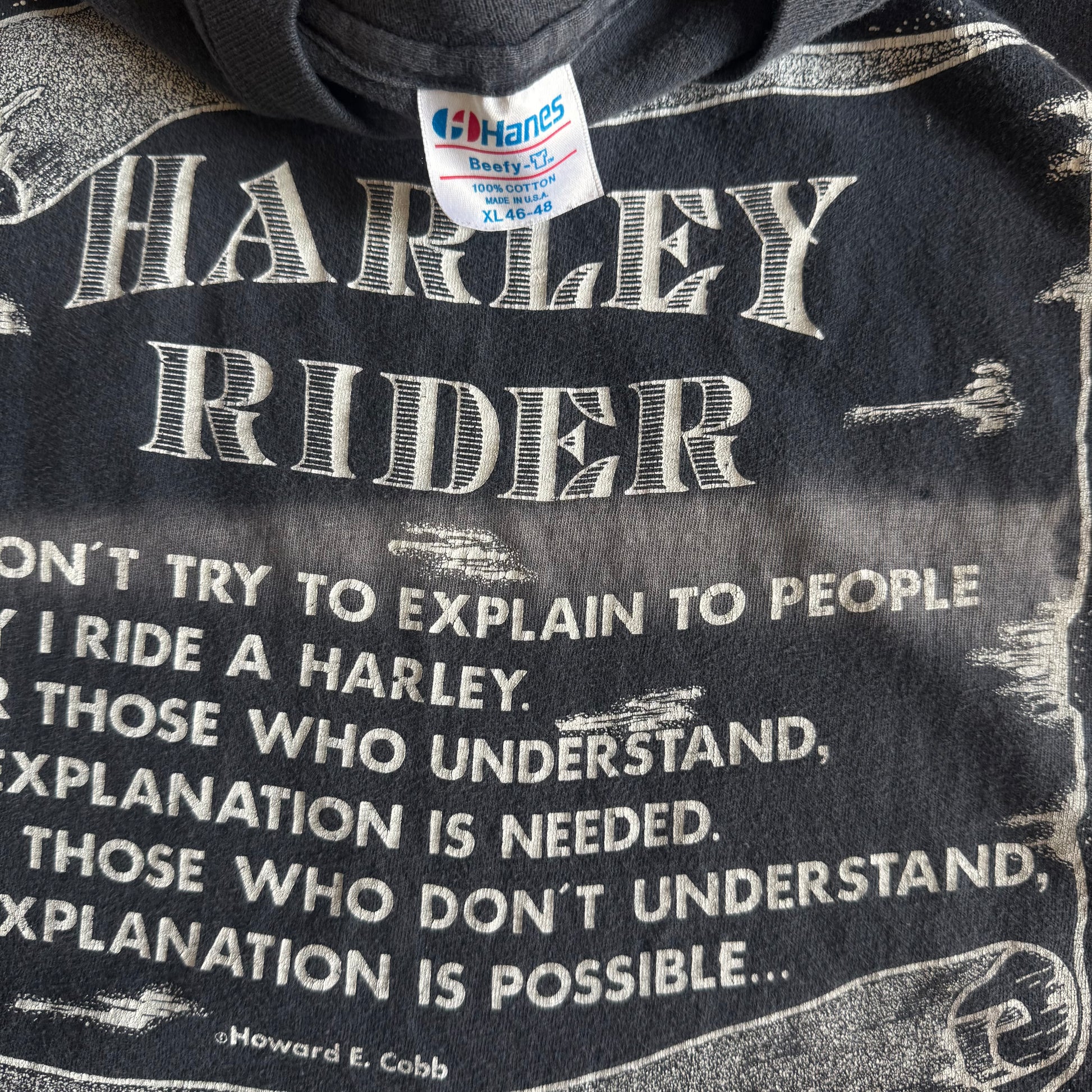 Tag detail on vintage 1980s Harley Rider sun faded scroll tee