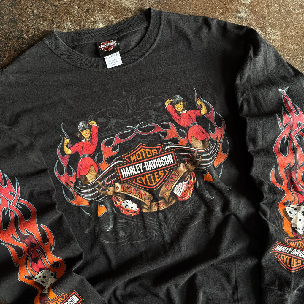 Y2K Harley Firefighter Pin-Up Flame Longsleeve Tee (L/XL)