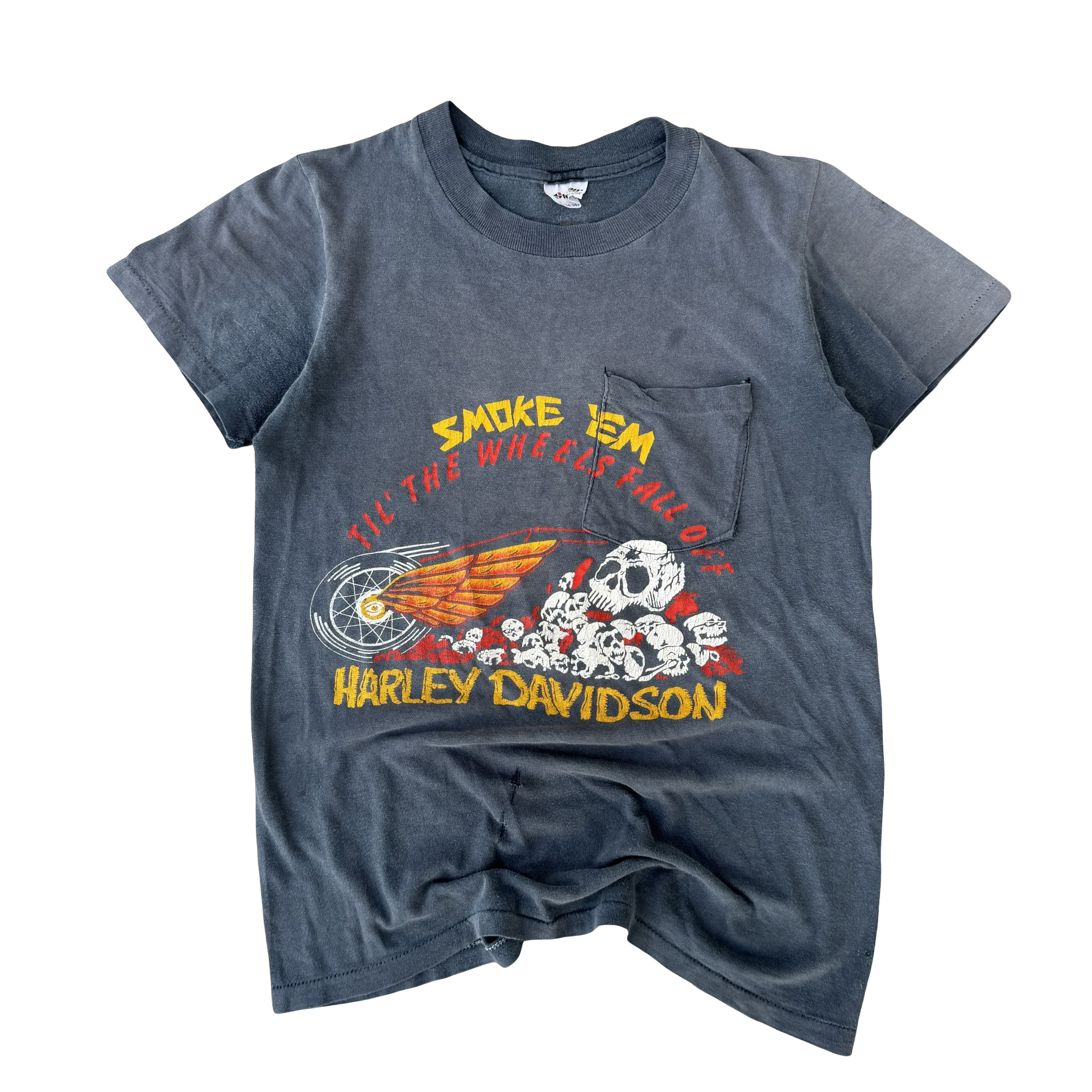 80’s Harley Smoke ‘Em Skull Pile Tee Sun Faded Size S