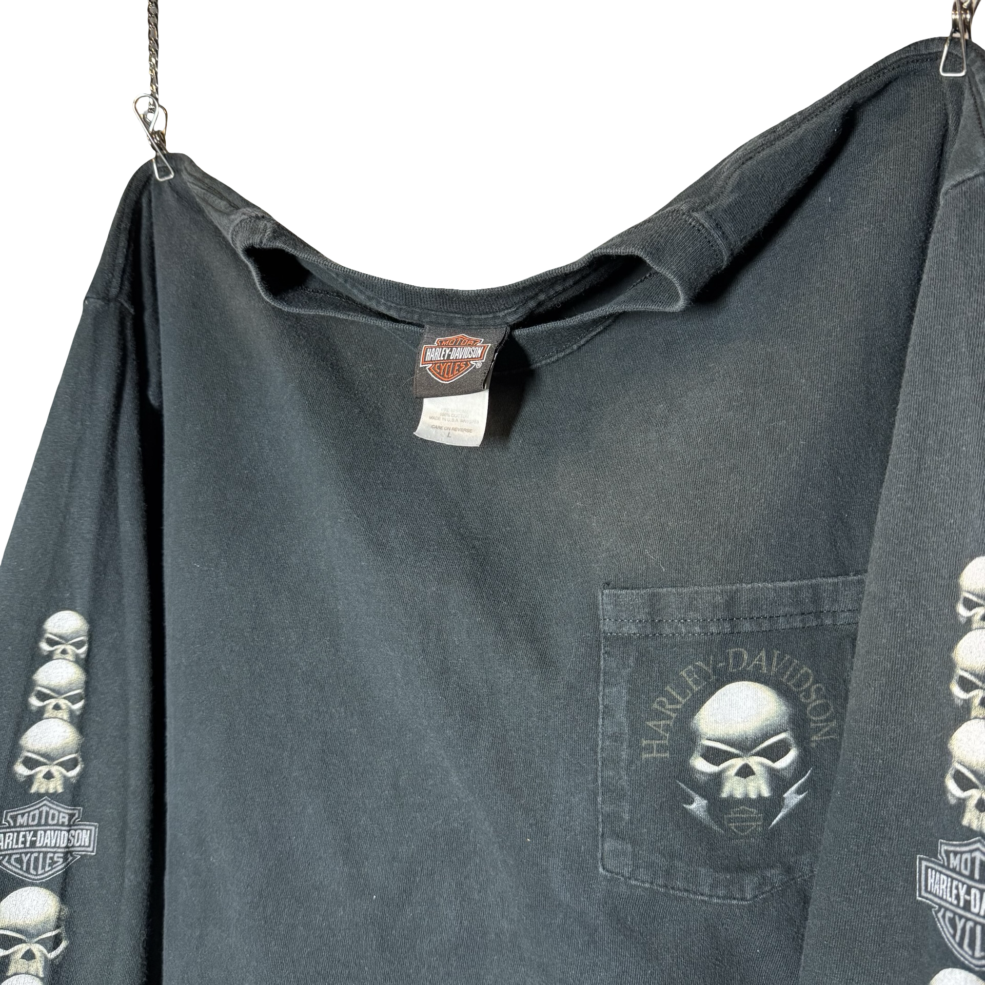 Y2K Harley Skull Pile Pocket Longsleeve Tee Size L