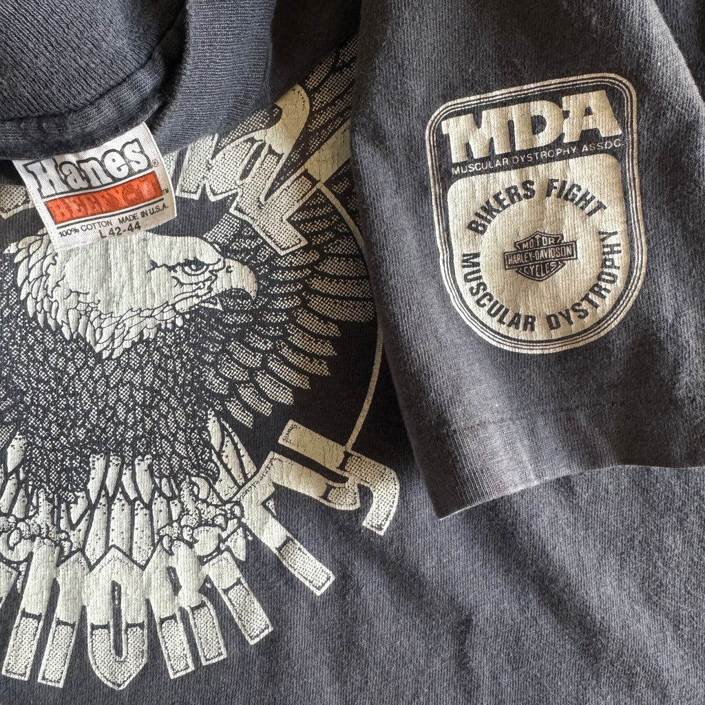 Sleeve patch detail on vintage Harley Immoral Minority tee