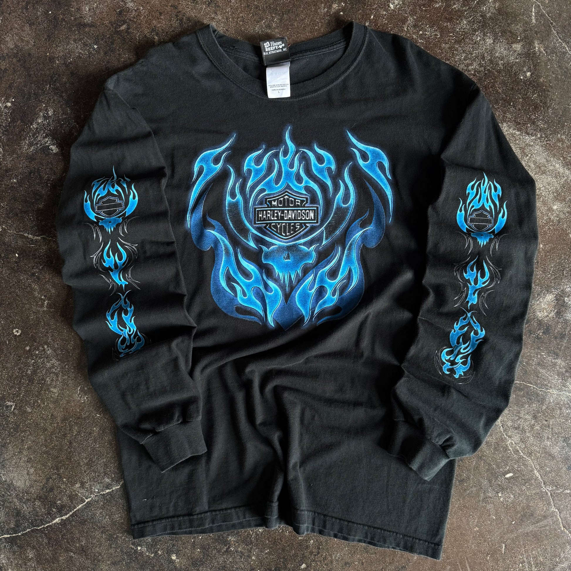 Y2K Harley Blue Flame Emblem Longsleeve Tee (L)