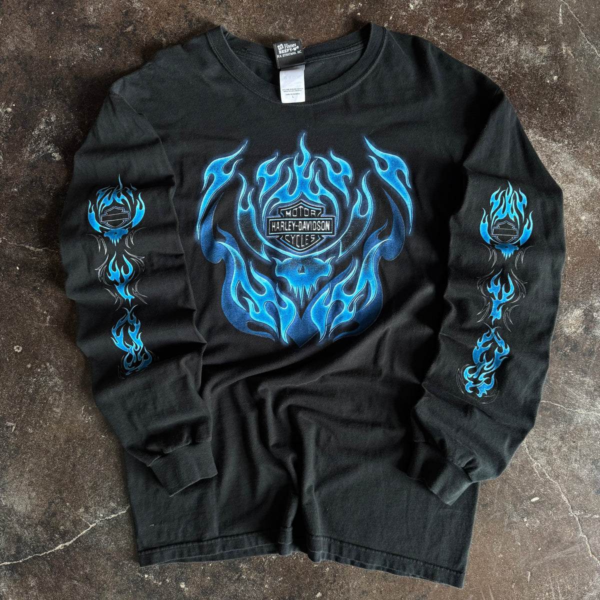 Y2K Harley Blue Flame Emblem Longsleeve Tee (L)
