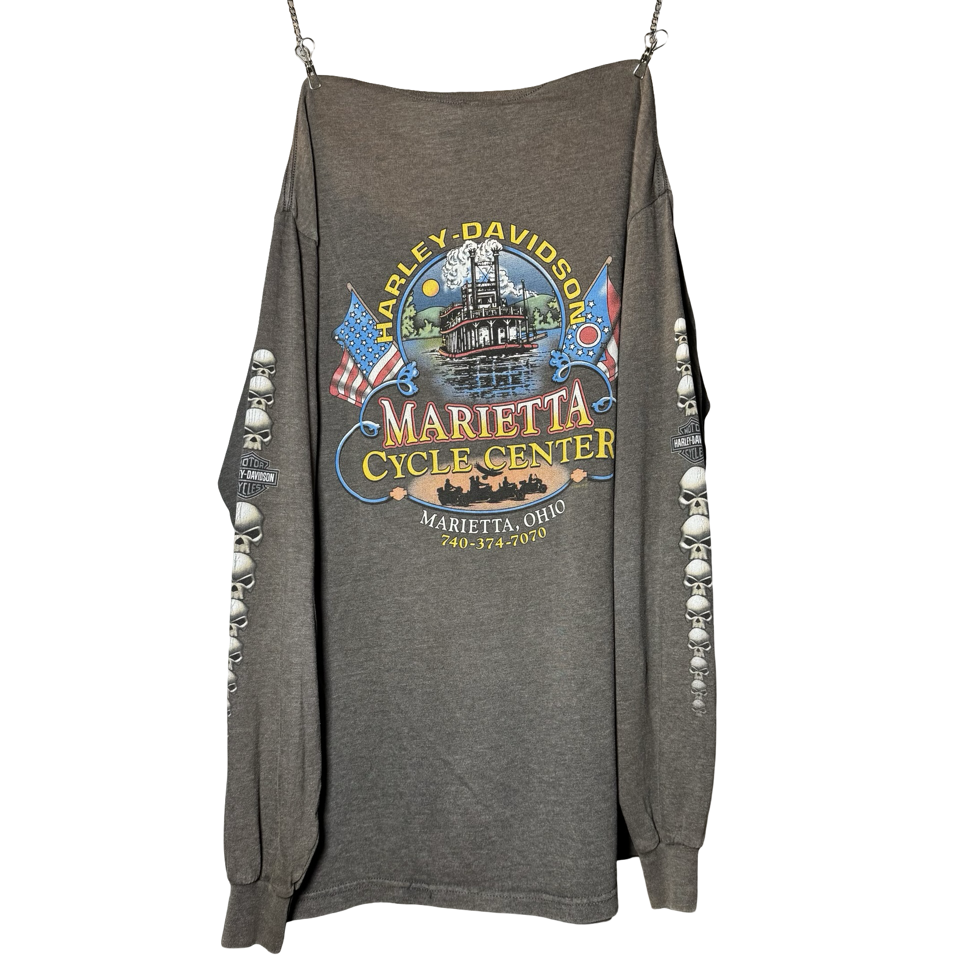 Y2K Harley Grey Skull Pile Longsleeve Tee Size L