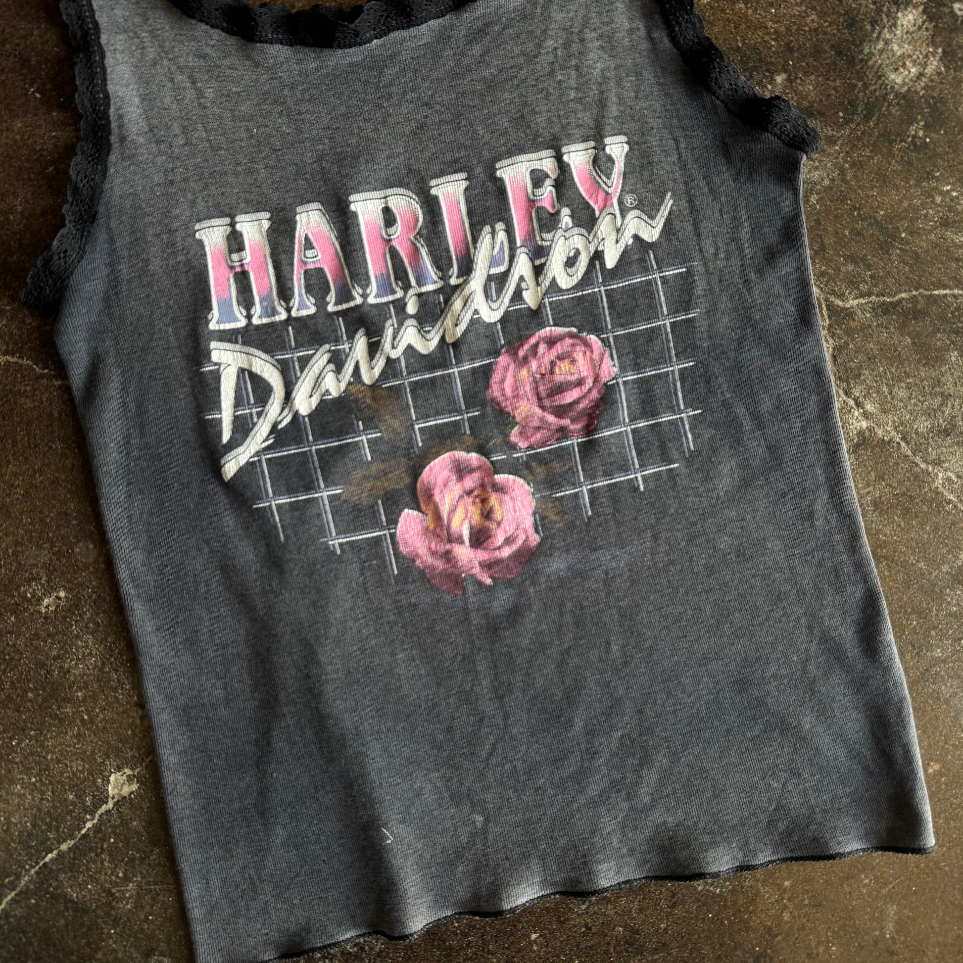 Back view of vintage Harley Davidson womens rose tank top